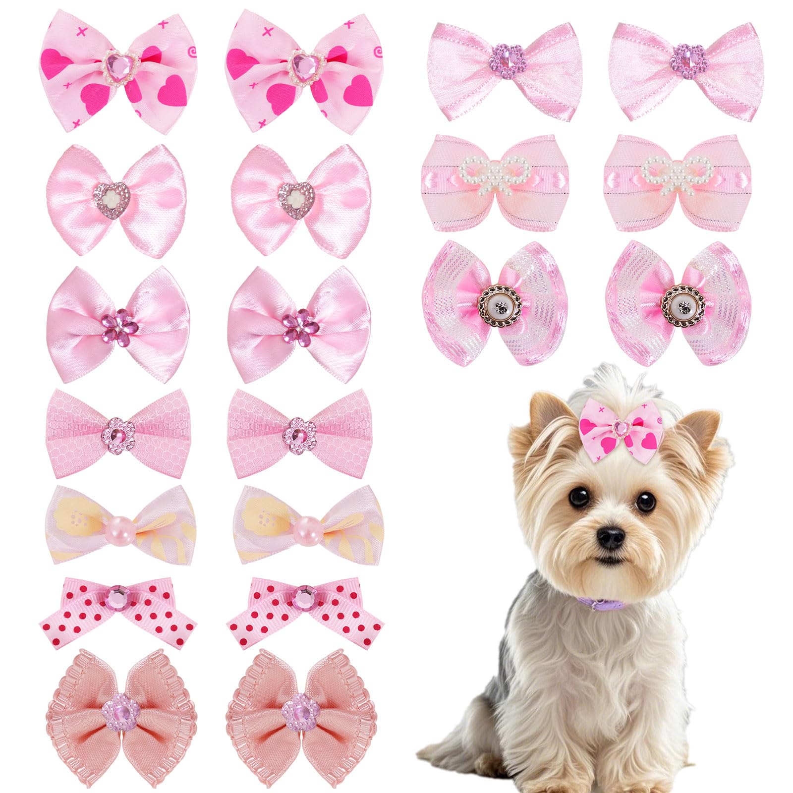 20 Pcs Cute Dog Hair Bows With Rubber Bands Elastic Handmade Mix Style Lace Rhinestone Pearls For Furry Puppy Cat Pet Girl(Novel
