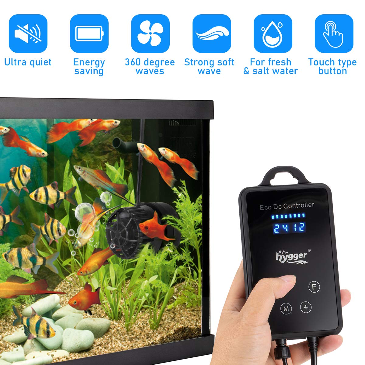 Hygger Quiet Magnetic Aquarium Wave Maker, 2600Gph Dc 24V Powerhead With Digital Led Display Controller, Submersible Water Inver