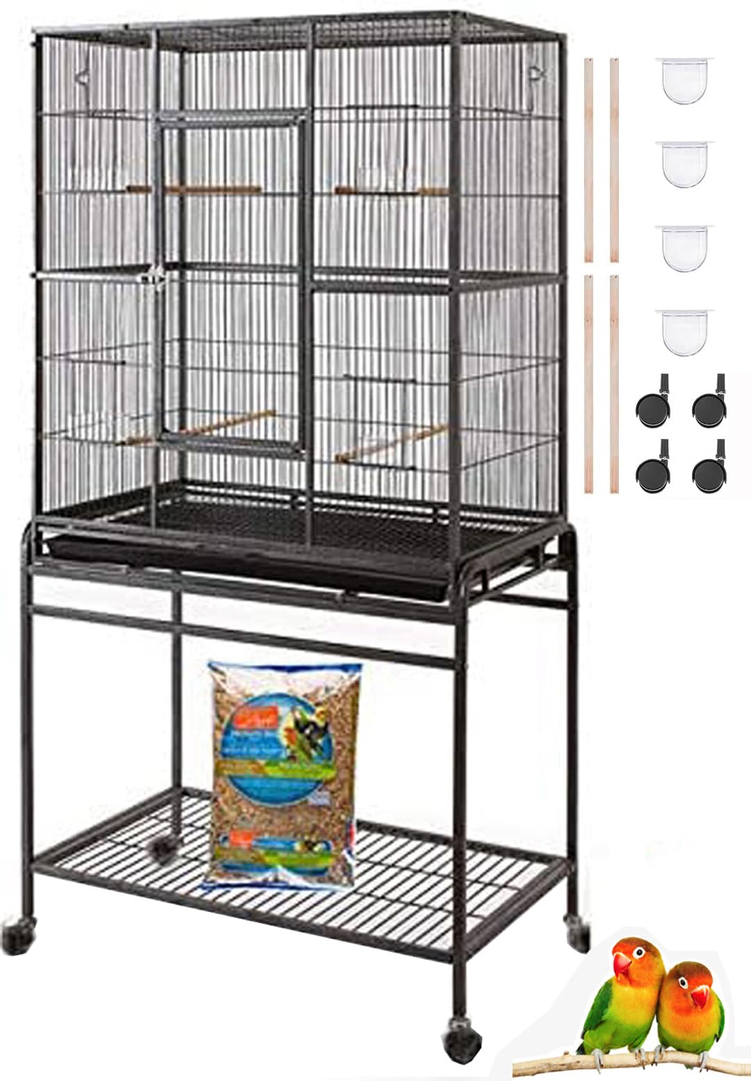 64' Extra Large Tight 1/2-Inch Bar Spacing Wrought Iron Flight Canary Parakeet Cockatiel Lovebird Finch Home Cage Side Nesting Box Doors With Removable Rolling Stand