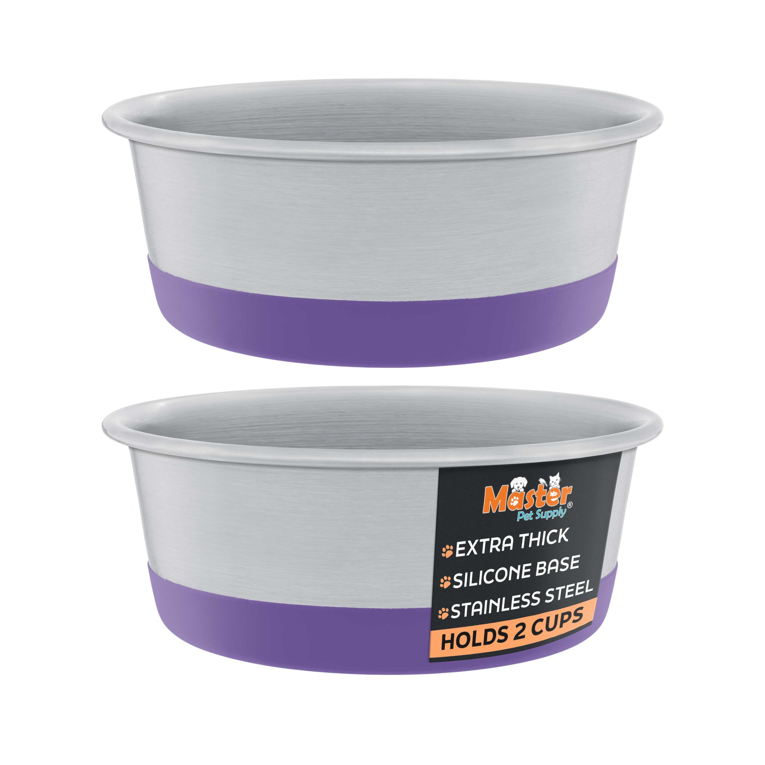 Master Pet Supply Stainless Steel Dog Bowls Set of 2 with Extra Thick Silicone Base - 2 Cup (16 oz) Plum Crazy, Non-Slip, Dishwa