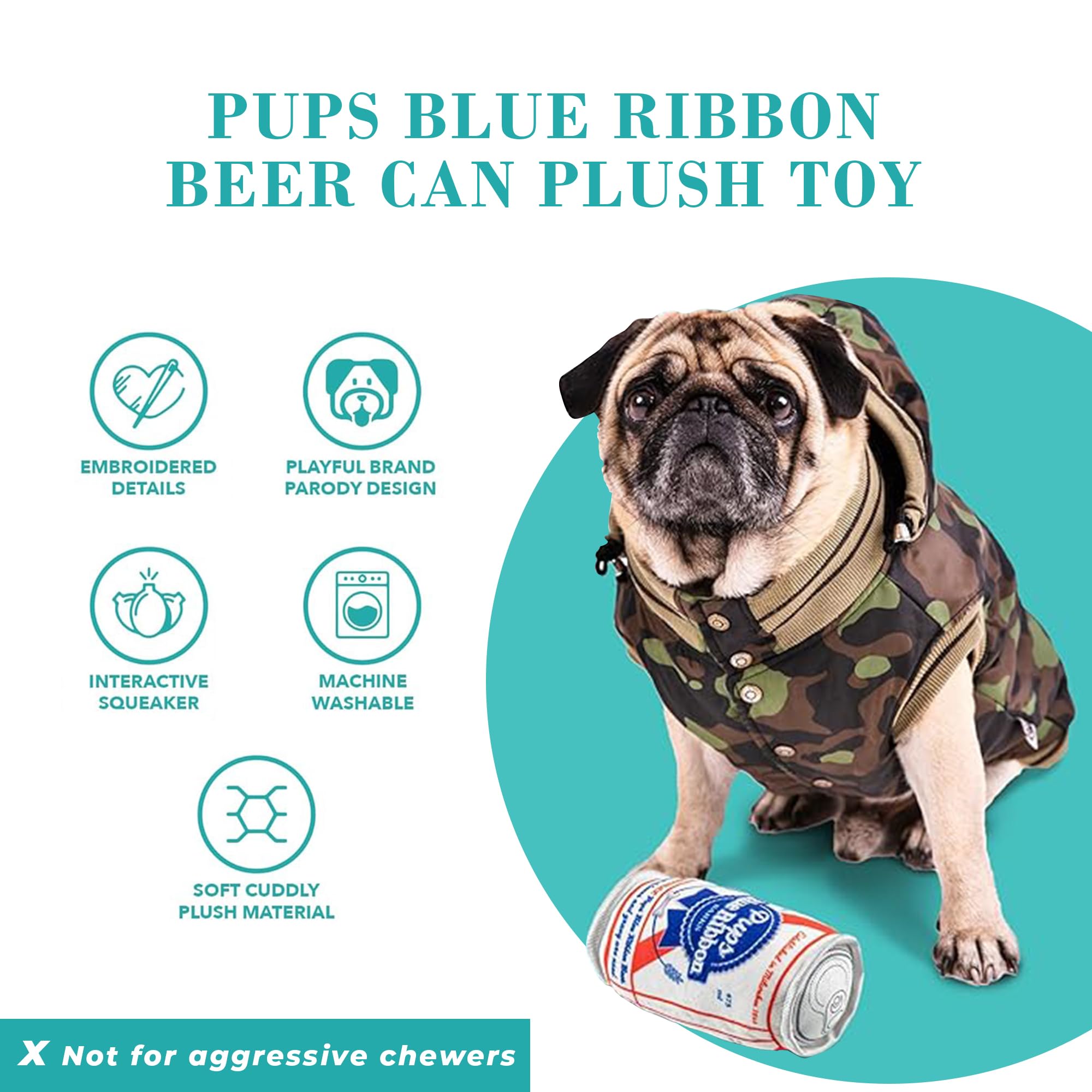 Haute Diggity Dog Pups Blue Ribbon Beer Can, Plush Designer Dog Toys with Interactive Squeaker, Stimulating Pet Enrichment, Mach