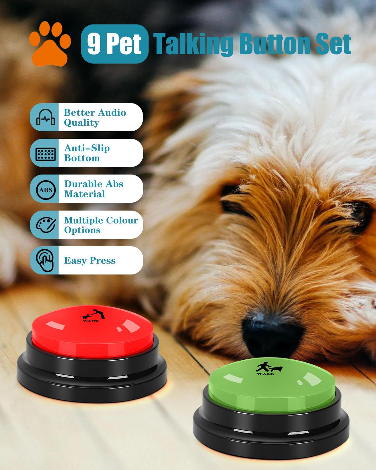 Dog Buttons For Communication, 9 Pcs Dog Talking Button Set, 30S Voice Recording Speaking Button Pet Speech Training Buzzers Wit