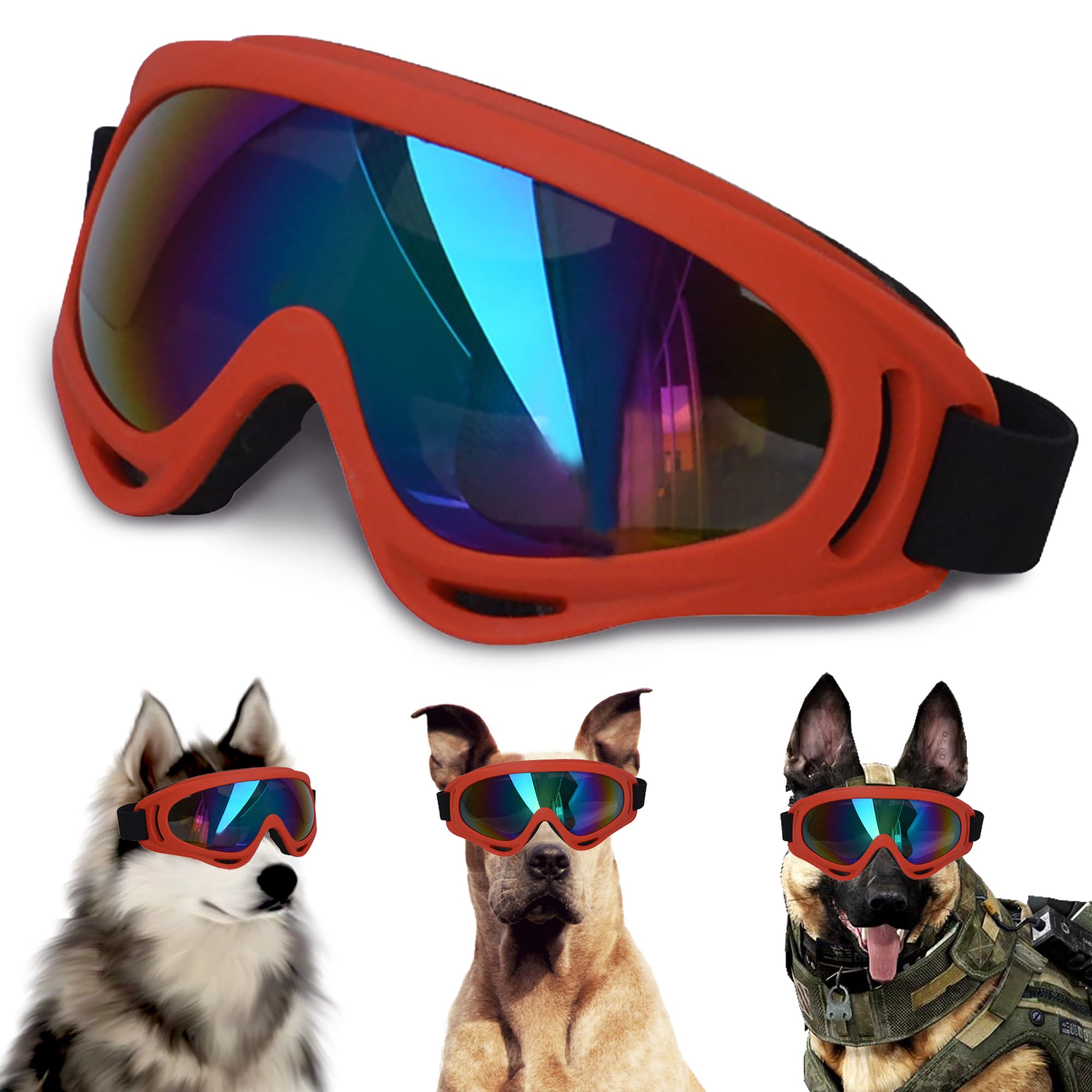 Winproof Adjustable Strap Dog Sunglasses, Uv Protection, Soft Goggles (Red Frame)