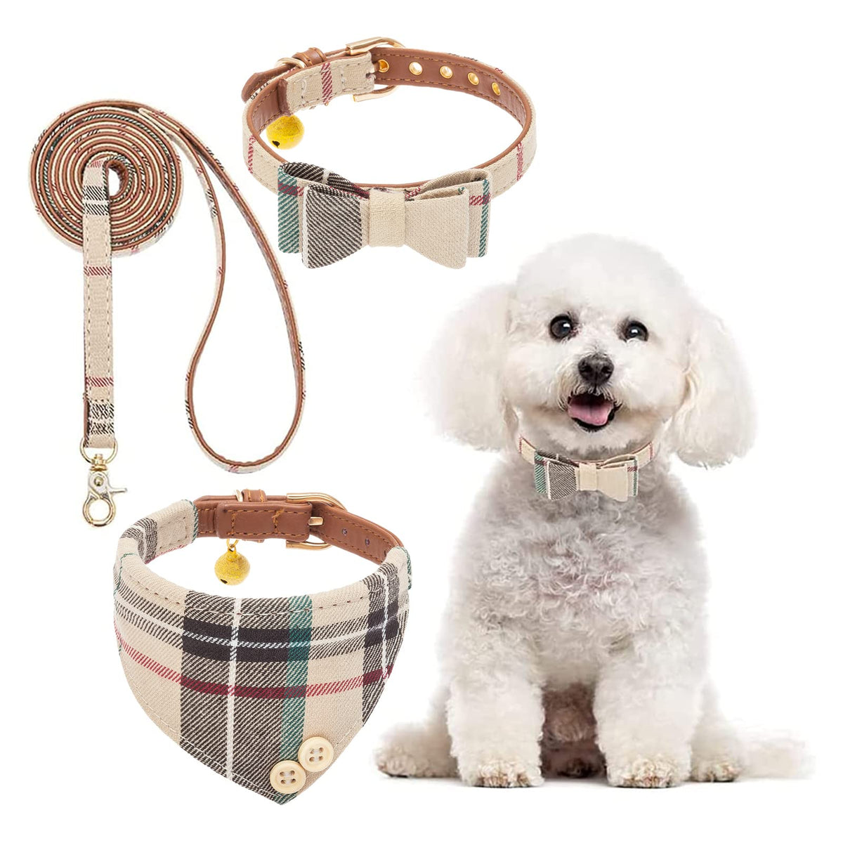 Bingpet Bow Tie Dog Collar With Leash Set - Cute Adjustable Classic Plaid Dog Bandana Collar With Bell, Fit For Small Dogs, Puppies And Cats Outdoor Walking