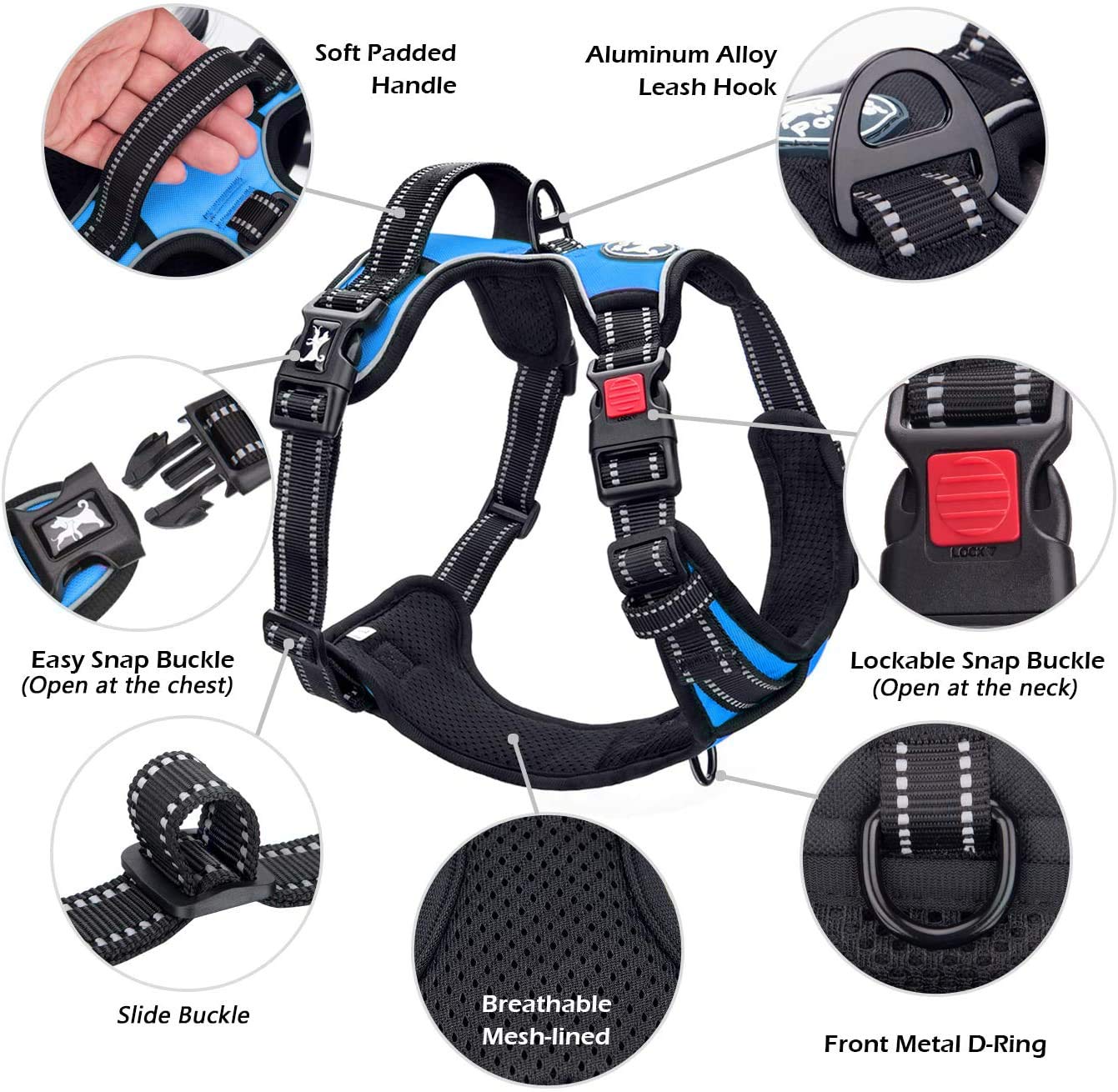 Poypet No Pull Dog Harness, No Choke Front Clip Dog Reflective Harness, Adjustable Soft Padded Pet Vest With Easy Control Handle For Small To Large Dogs(Blue,L)