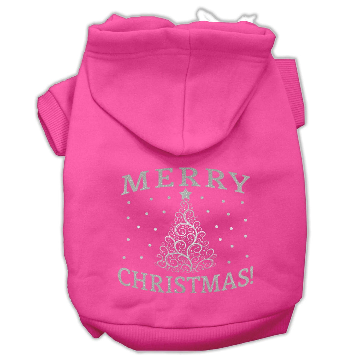Christmas Pet Dog & Cat Hoodie Screen Printed, 'Shimmer Christmas Tree' Bright Pink Lg (10-14 Lbs.)