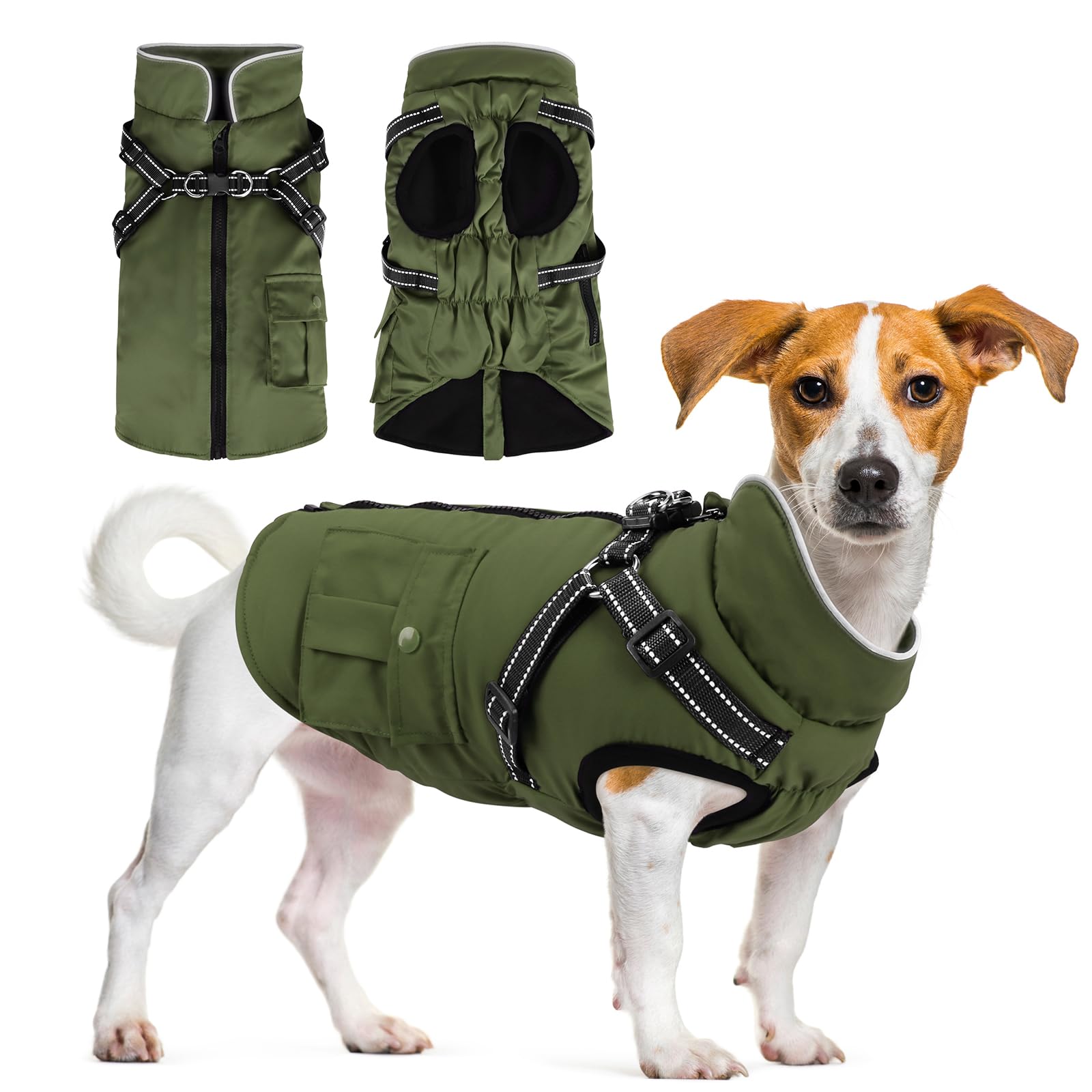Winter Coat With Harness | Jacket Waterproof With Zipper and Fleece | Warm Dog Coat With Reflective for Small Medium Dogs (Army 