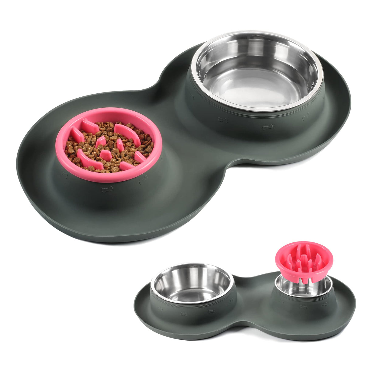 Yacee 100% Waterproof Bpa Free Pet Dog Bowls2 Stainless Steel(53Oz+27Oz) With 1.35“ Raised Edge Silicone Mat + Slow Feed Dog Water And Food Bowls For Feeding Small Large Dogs Cats Puppies (Gray)