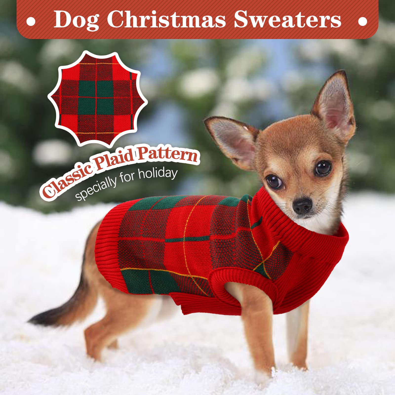 Kuoser Dog Sweater Pullover Knitwear, Dog Christmas Sweaters Classic Plaid Cable Knitted Wear, Dog Turtleneck Puppy Cold Weather Clothes For Small Medium Dogs