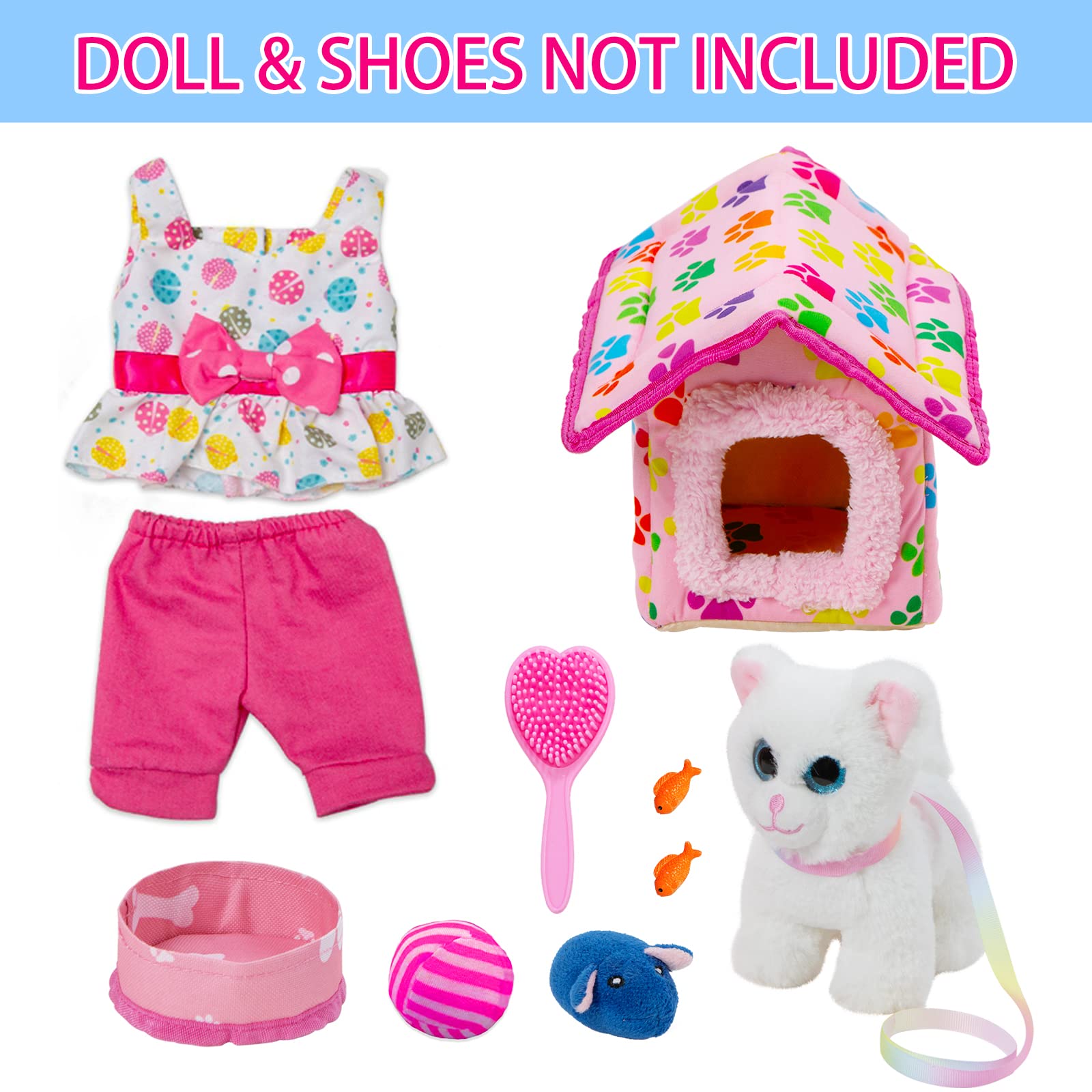 Zntwei American Doll Clothes And Accessories - Pet Kitty Play Set Fit American 18 Inch Doll Including 18 Inch Doll Clothes, Pet Nest, Cat Pot, Toy Ball, Hair Comb, Toy Fish