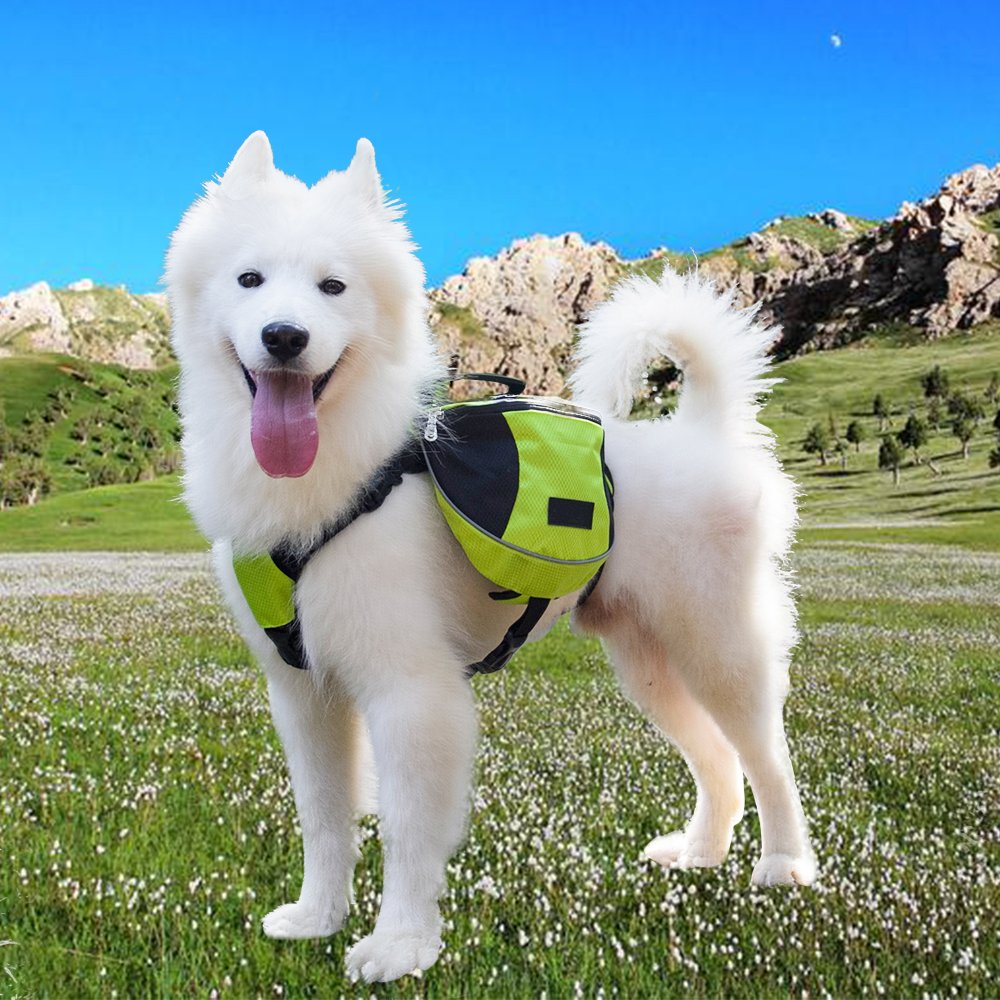 Lifeunion Polyester Dog Saddlebags Pack Hound Travel Camping Hiking Backpack Saddle Bag For Small Medium Large Dogs (Neon Green,L)