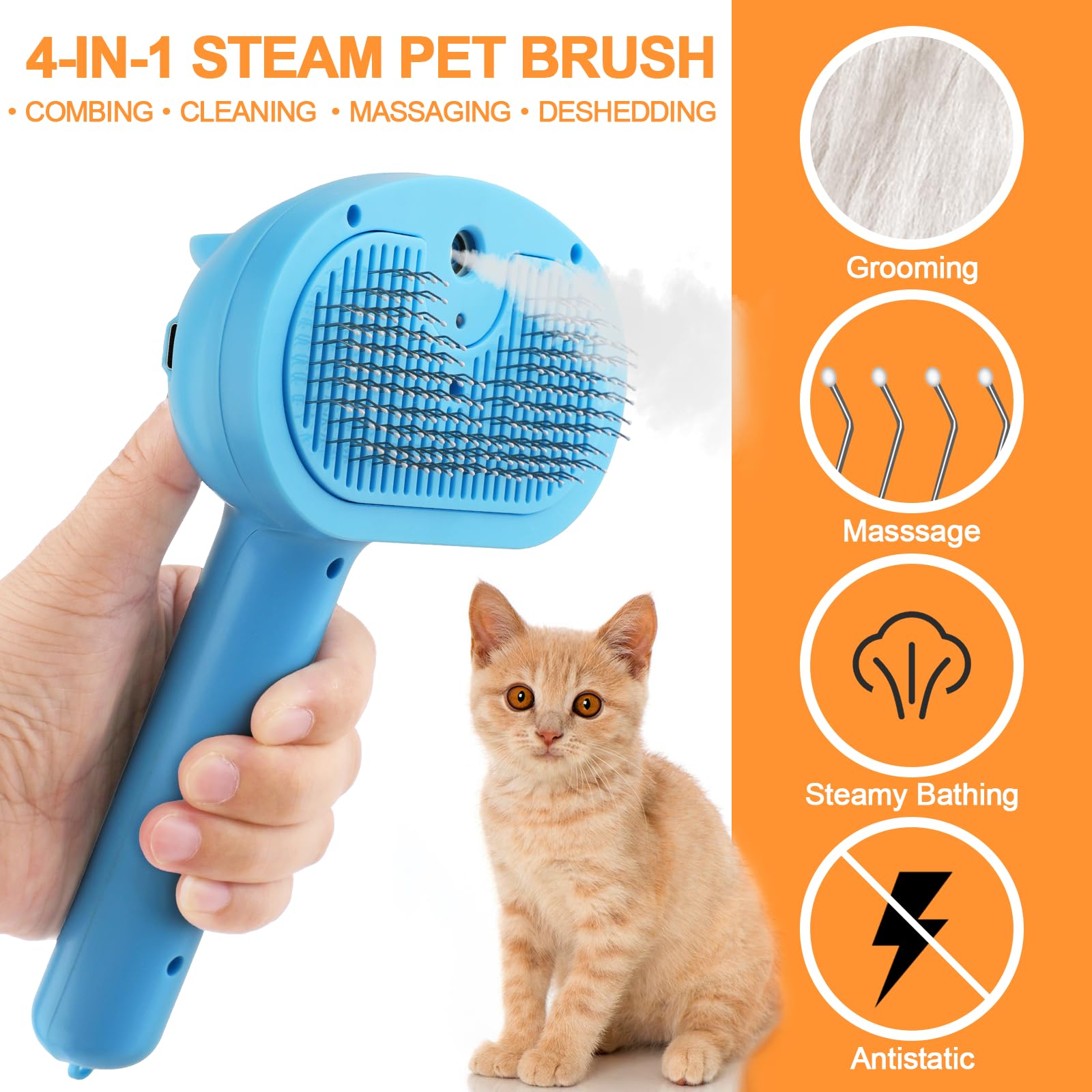 Cat Steam Brush For Shedding, 4 In 1 Steamy Cat Brush With Release Button, Self Cleaning Metal Pet Misting Hair Comb With Handle