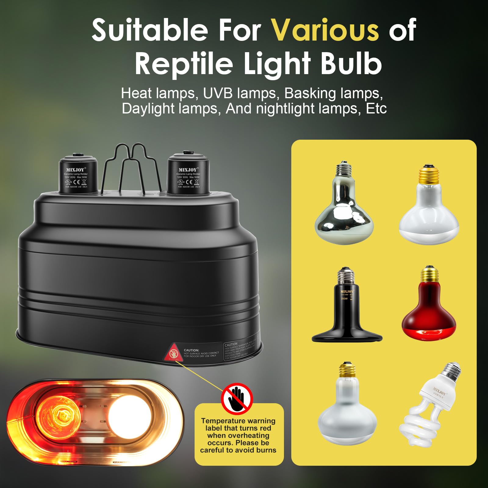 MIXJOY Dual Reptile Light Fixture, 160W, Metal, Black, Model DLF2160W-BK, Separate Switches for Lizards, Turtles, Snakes, Amph