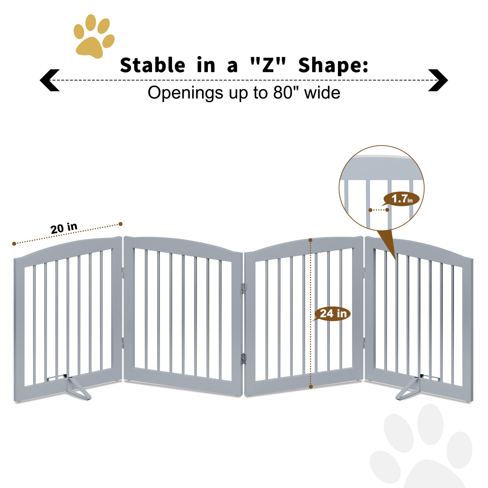 PUPETPO Freestanding Pet Gate - Foldable Wooden Dog Gate for House, Indoor, 80 Inch Wide, 4 Panels 24, Grey