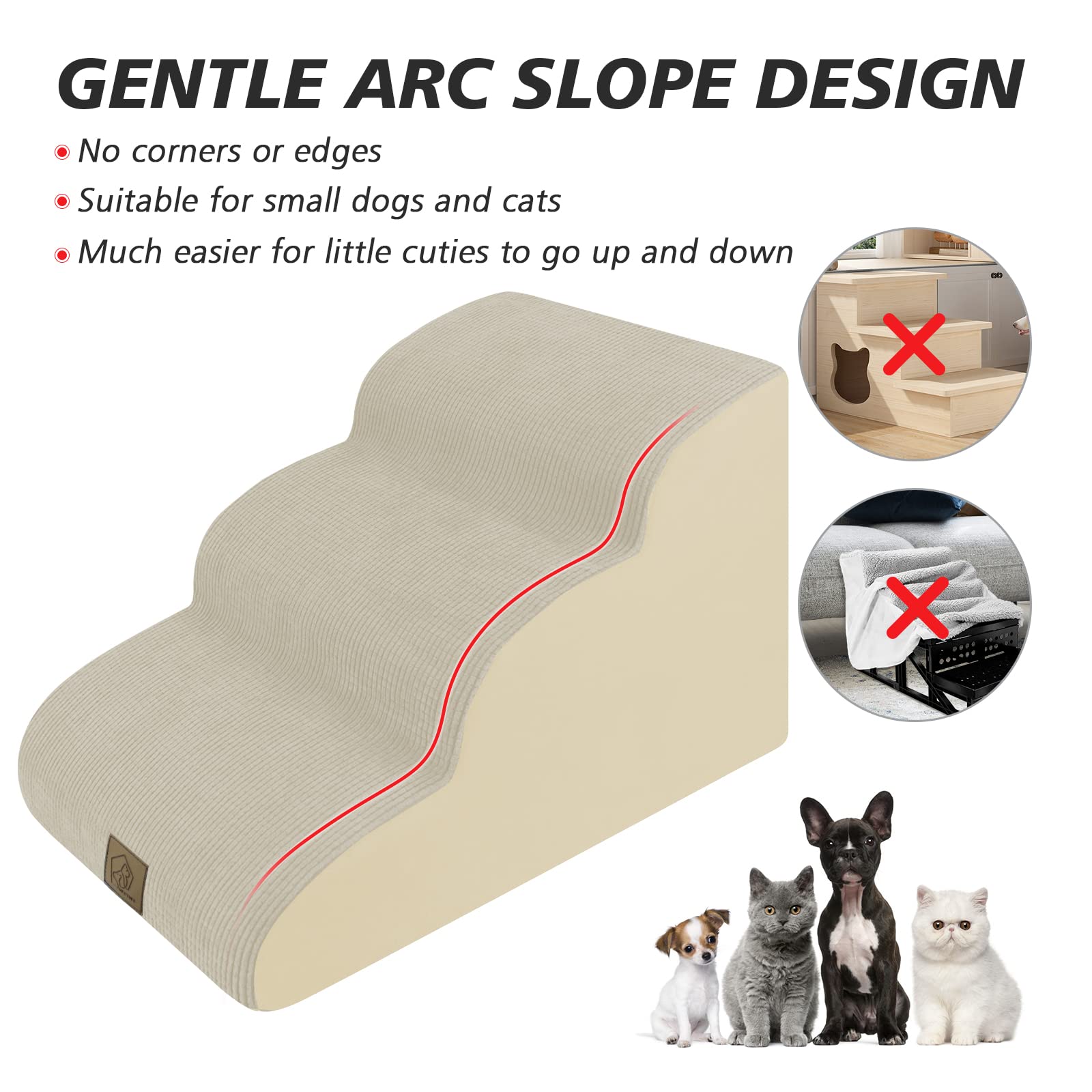 3-Tiers Foam Dog Stairs For Indoor High Sofa Bed Couch,Gentle Slope Steps Stairs For Indoor,Dog Stairs Ladder Ramp Non Slip For Old Small Dogs Easy Access,Send 3 Pcs Lint Roller Set,Beige