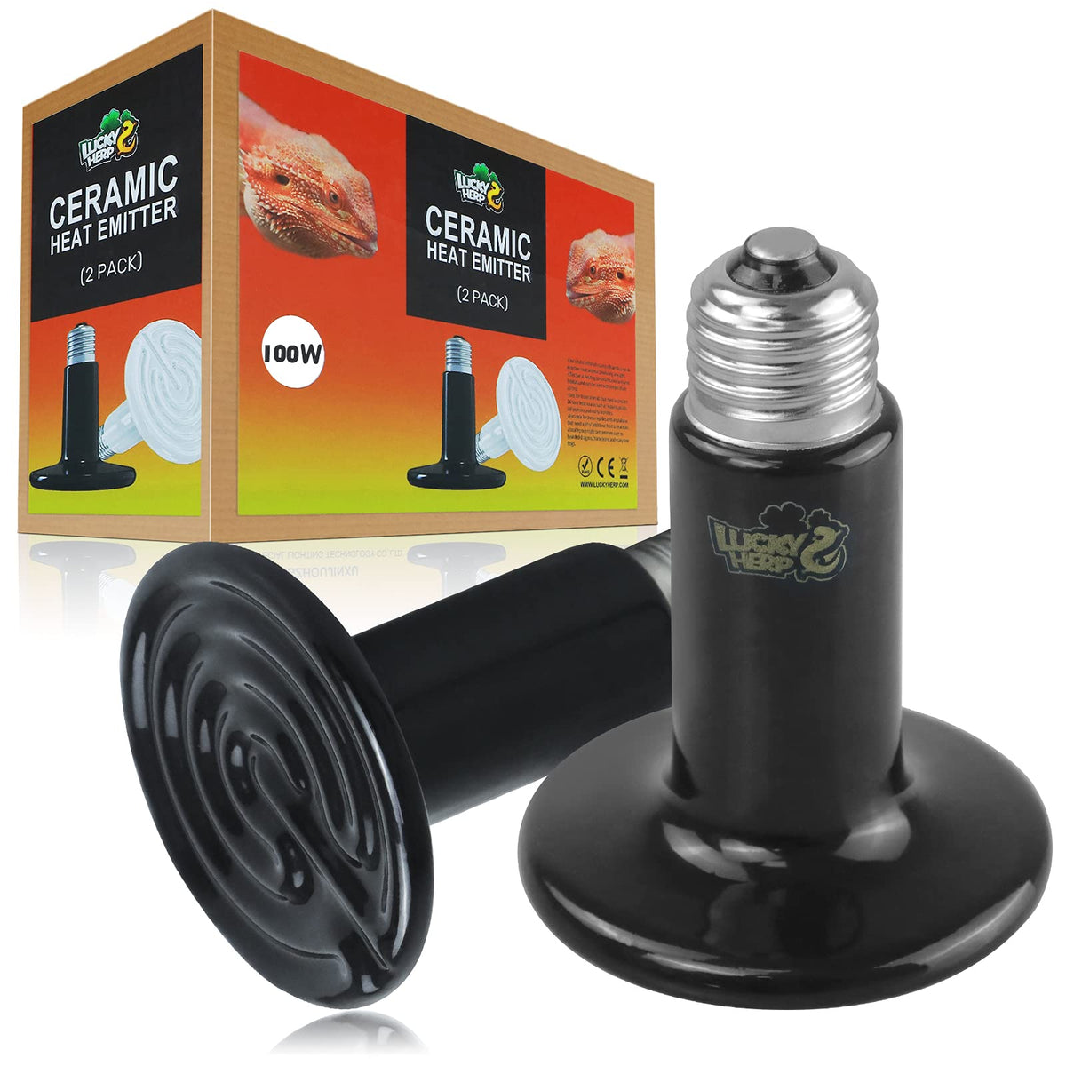 Lucky Herp 100W Ceramic Heat Emitter, Reptile Heat Bulbs, Ceramic Heat Lamp For Reptiles, Amphibian, Chicken, Dog, Cat (2-Pack)