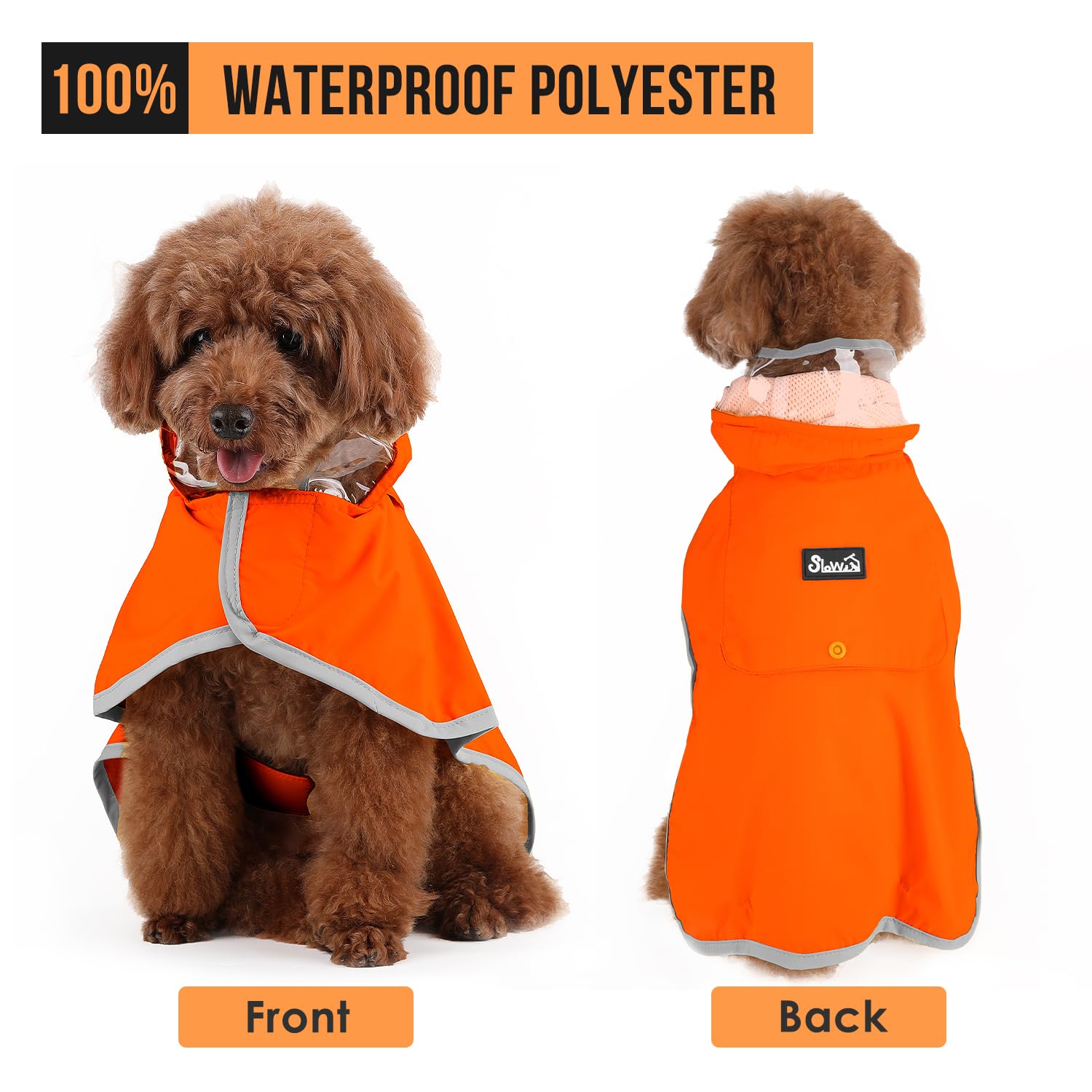 Slowton Raincoat, Adjustable Dog Jacket With Clear Hood, Double Layer, Waterproof Dog Poncho, Reflective & Storage, S, M, L Pupp