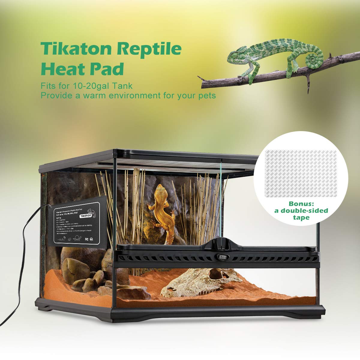 Tikaton Reptile Heat Pad - Adjustable Temperature Under Tank Heater For 10-20Gal/30-40Gal Tank, Terrarium Heat Mat For Turtle/Snake/Lizard/Frog/Spider/Plant Box