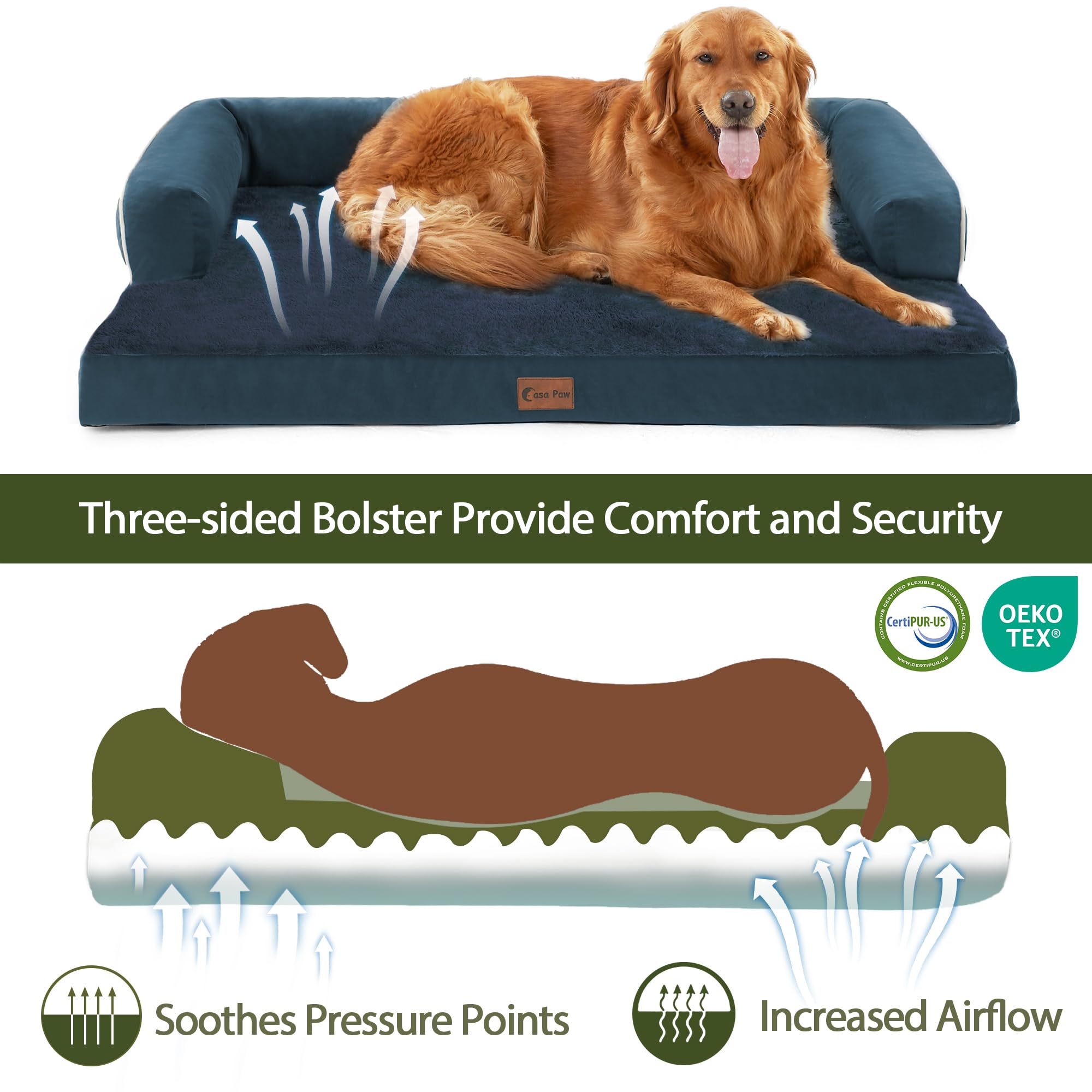 Casa Paw XXL Dog Bed with Bolsters, Orthopedic Dog Beds for Extra Large Dogs, Waterproof Dog Beds XLarge, Memory Foam Dog Bed wi