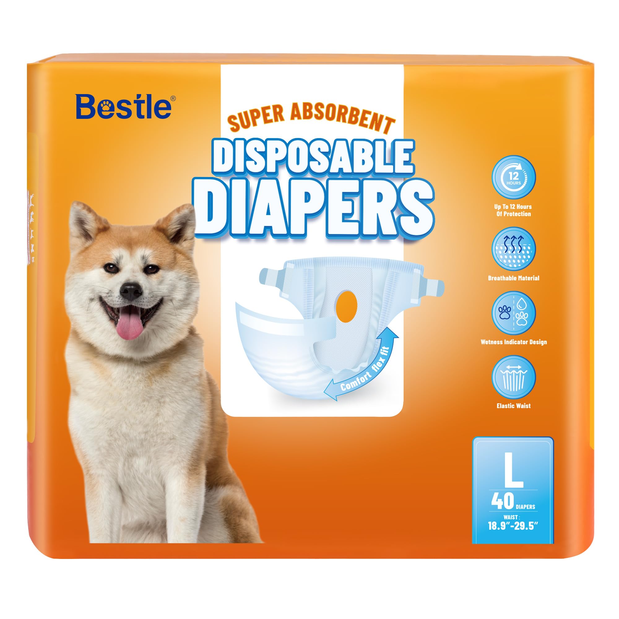 Bestle Disposable Female Dog Diapers, 40 Count, L (Waist 26.8   -29.5   ), Wetness Indicator, Ultra Protection, Leak Proof, Supe