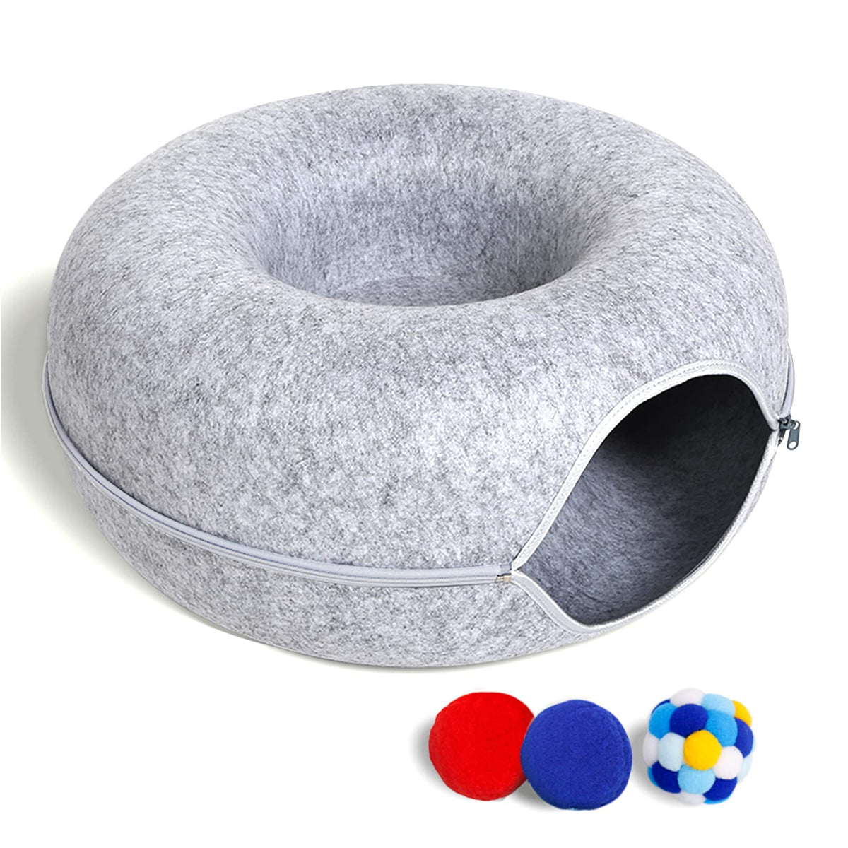 Cat Tunnel Bed For Indoor Cats With 3 Toys, Scratch Resistant Donut Cat Bed, Up To 9 Lbs (M 20X20X9, Light Grey)