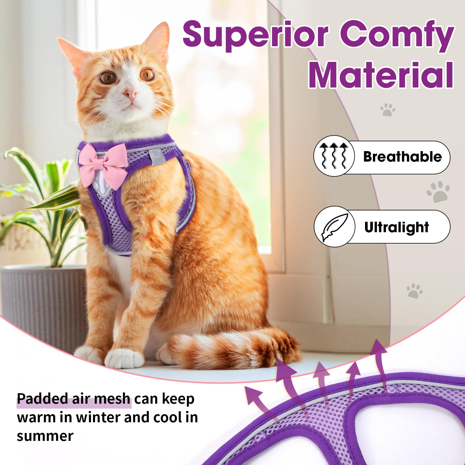 Cat Harness And Leash Set For Walking Escape Proof, Adjustable Kitten Harness Breathable Mesh With Reflective Strips Harness For