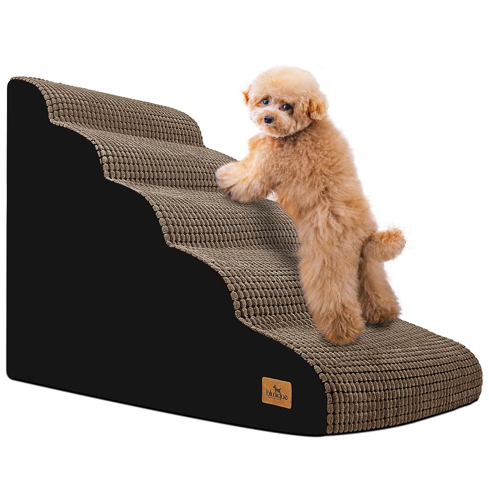 Blunique 5-Step Dog Stairs For High Beds And Couch, Foam Ramp With Non-Slip Waterproof Fabric Cover, Brown Pet Stairs For Joints