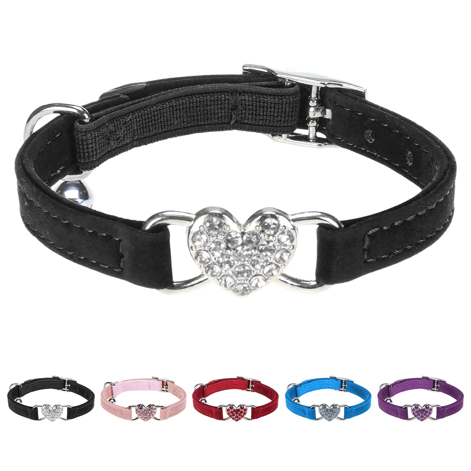 Bingpet Diamond Cat Collar,Adjustable Soft Velvet Leather Safe Kitten Collar With Crystal Heart Charm And Bells,Girl Boy Bling S