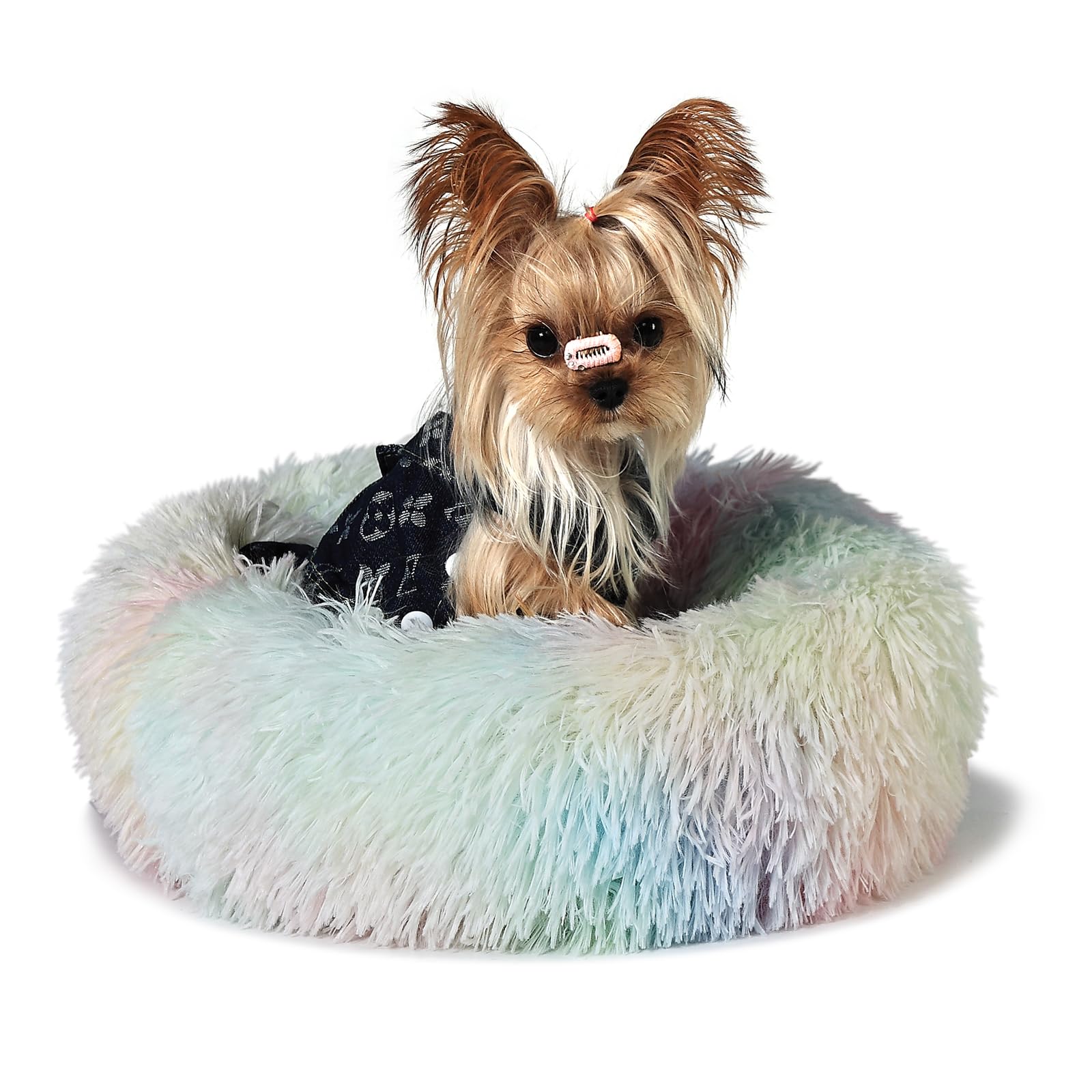 Fluffy Rainbow Dog Bed Extra Small Washable,Calming Dog Bed Rainbow for Small Dogs 15 inches Donut Soft Small Pet Bed,Anti Anxie