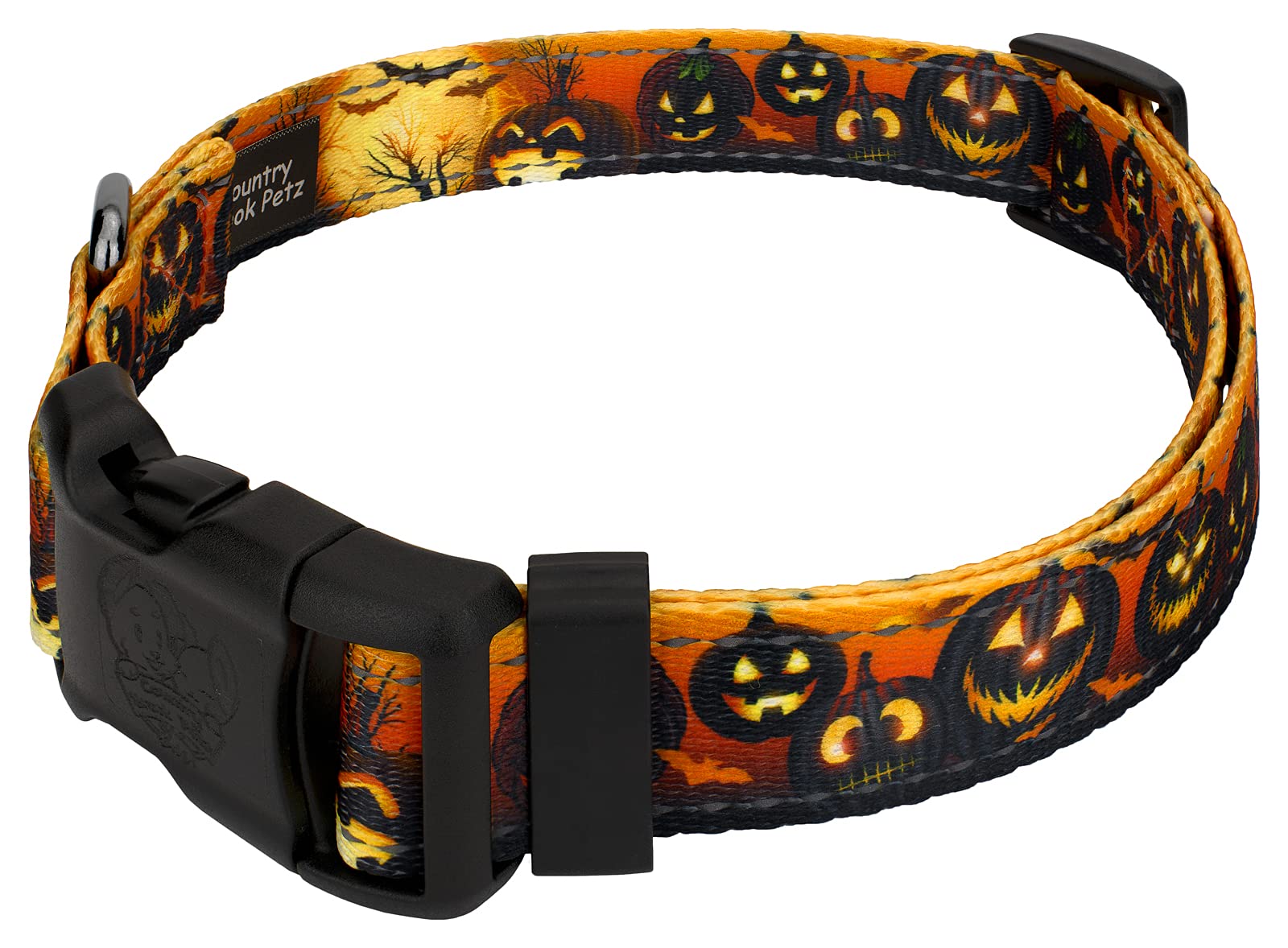 Country Brook Petz - Gunmetal Deluxe Midnight Fright Reflective Dog Collar Collection Featuring Night Safe Designs (1 Inch, Larg