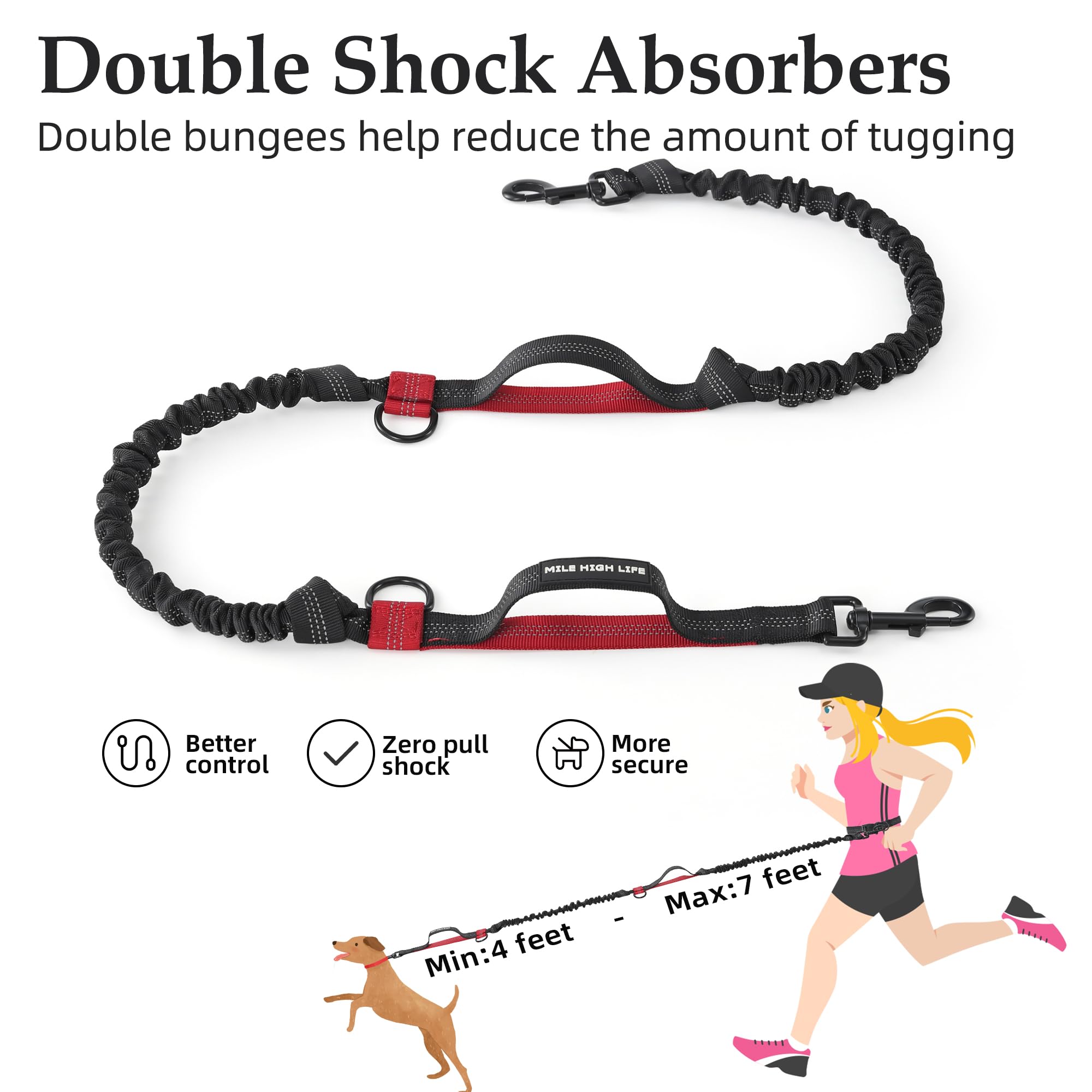 Mile High Life | Retractable Hands Free Dog 7Ft Leash | Waist Running Adjustable | Reflective Dual Black Bungees | Dual Handles | Small Medium Large Dogs | (Red)