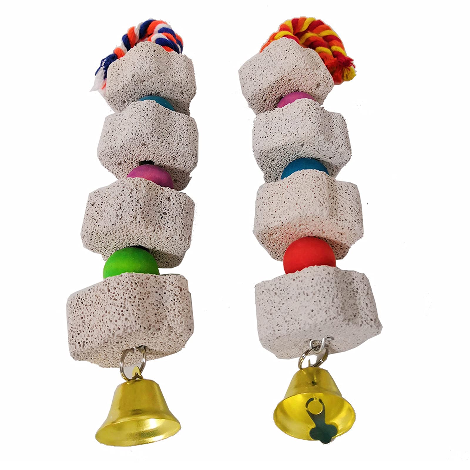 Yoogeer 2Pcs Pet Bird Chew Toy Lava Stone Parrot Chewing Toy Beak Trimmer Calcium Stone With Bell For Hamster Chinchilla Rabbit