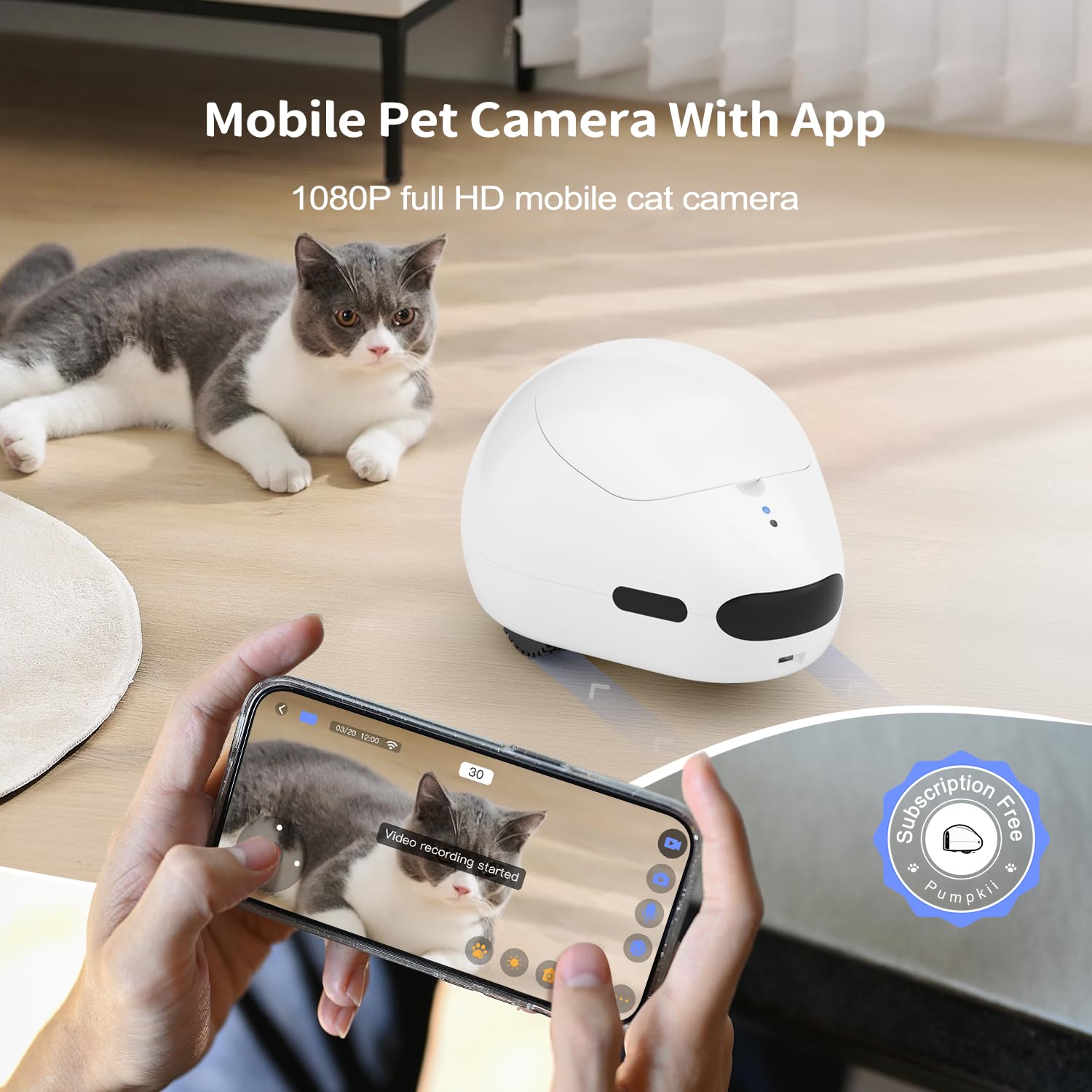 Pumpkii Cat Camera With Interactive Pointer Toy, Moving Robot For Dog And Cat, Mobile Pet Camera Treat Dispenser With Phone App,