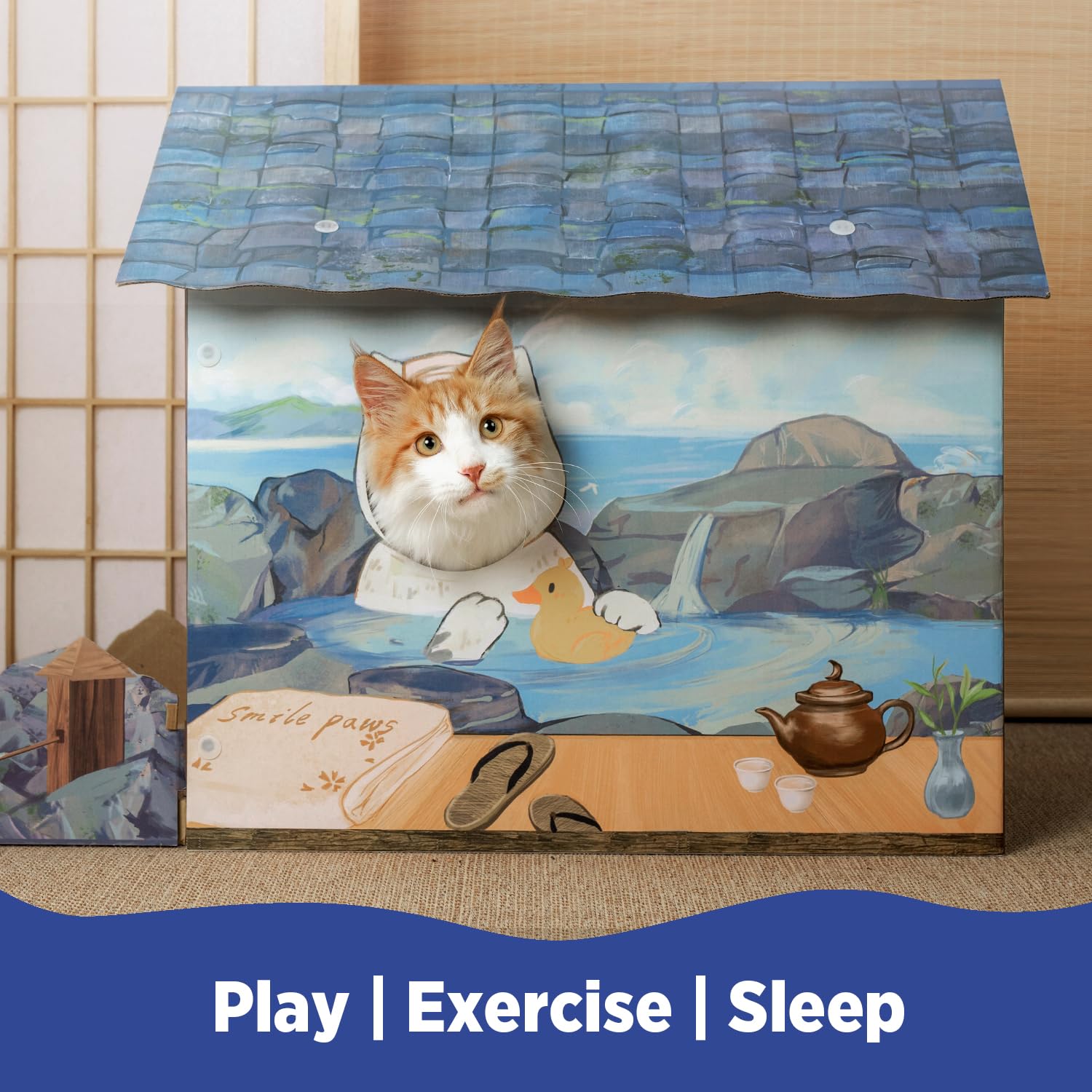 Smile Paws Cat Beds For Indoor Cats, Cardboard Cat House With Scratchers, Onsen Hotel, Large Sturdy Cat Furniture Condo Cave Ten