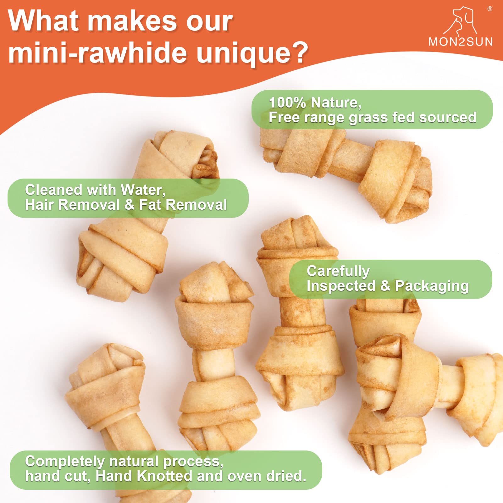 MON2SUN Dog Rawhide Knot Bones Small Rawhide Bones Mini Dog Chews Chicken Flavour 2.5 Inch 100 Count for Puppy and Small Dogs