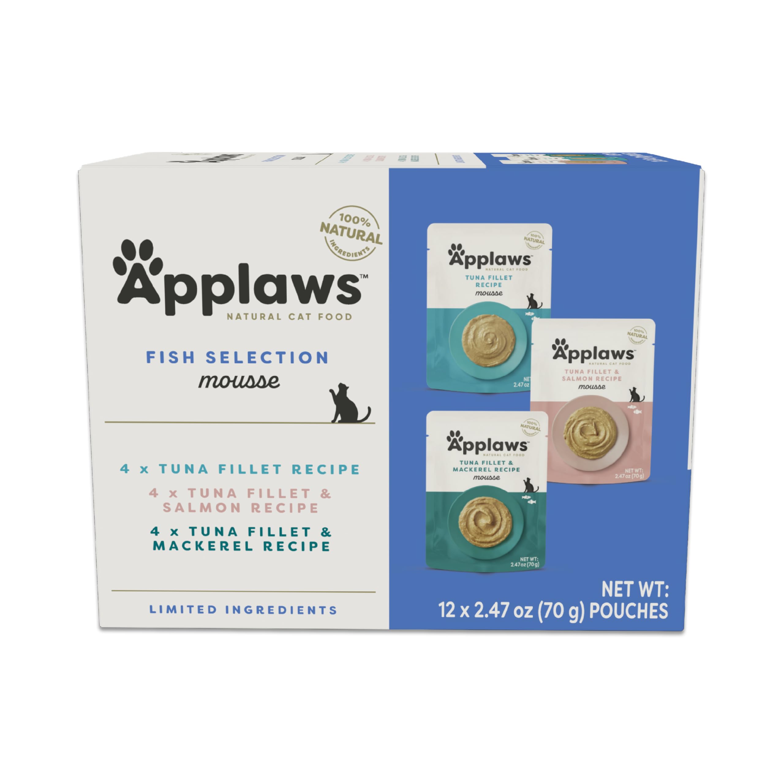 Applaws Natural Wet Cat Food in Mousse, Limited Ingredient Wet Cat Food Pouches, No Additives, Made with Natural Ingredients, Fi