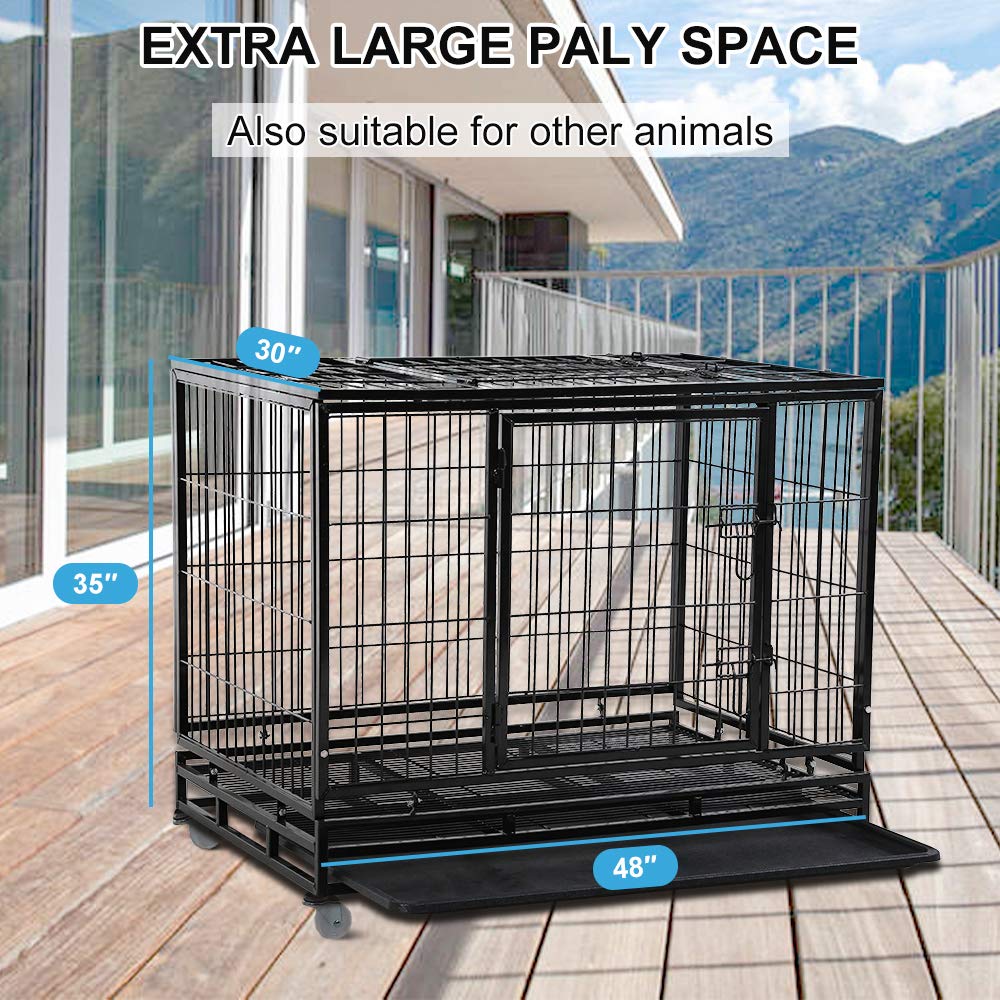 Dog Cage Crate Heavy Duty Sturdy Metal 48/42/36' Large Pet Dog Kennel Fence For Training, Indoor And Outdoor Dog Fence With Lockable Wheels And Plastic Tray And Double Door And Lock Design,Black