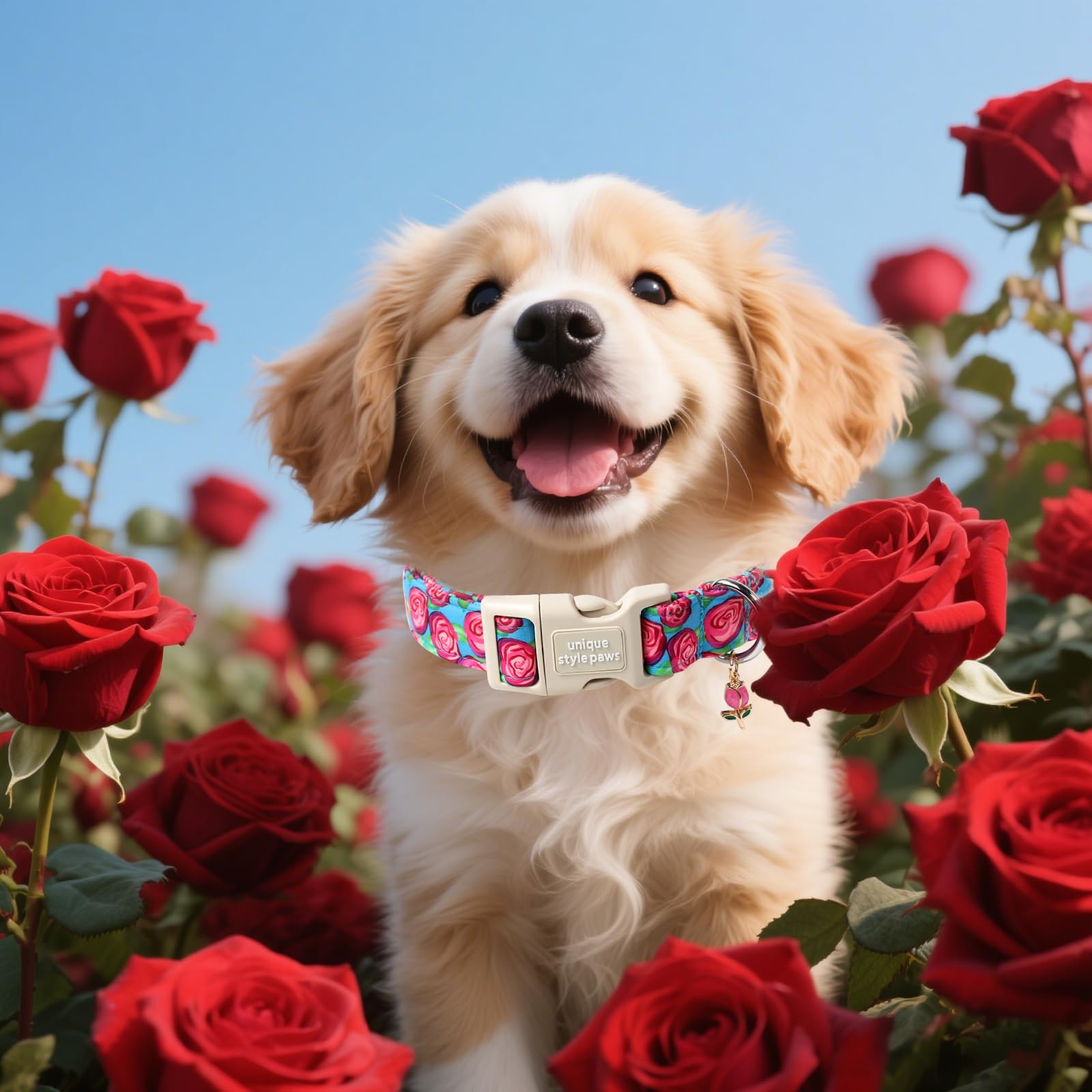 Unique Style Paws Summer Dog Collar,Blue Dog Collars With Hot Pink Rose Pattern,Adjustable Puppy Collar For Small,Medium,Large P