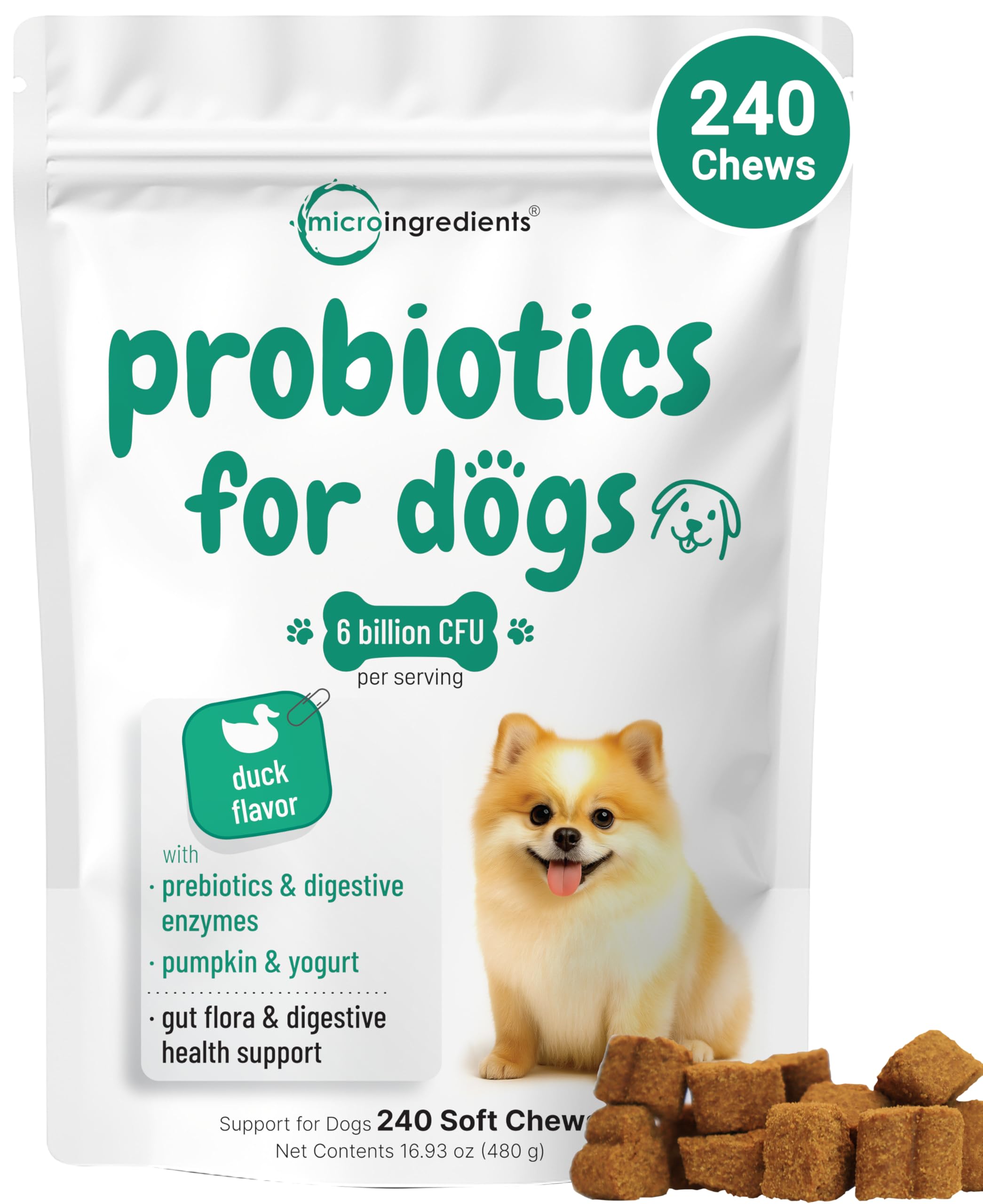 Micro Ingredients Probiotics for Dogs, 240 Soft Chews | Daily Digestive Health Probiotic Chews for Dogs with Prebiotics & Enzyme