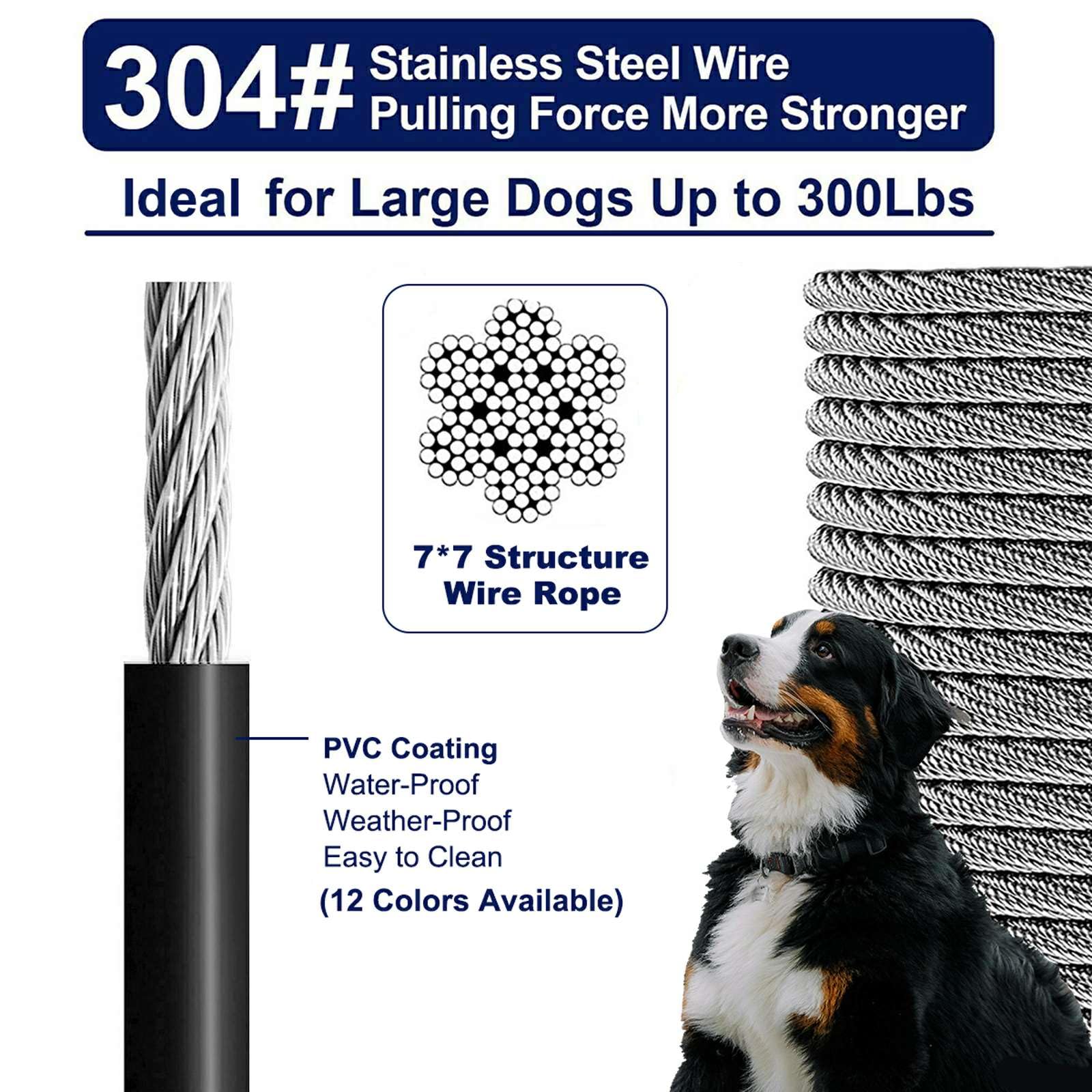 75Ft Dog Tie Out Cable, 65/85/100Ft Dog Leads For Small To Large Pets Up To 300 Pounds, 5Mm Heavy Duty 1000Lbs Break Strength Galvanized Braided Steel Dog Outdoor Leash Cable