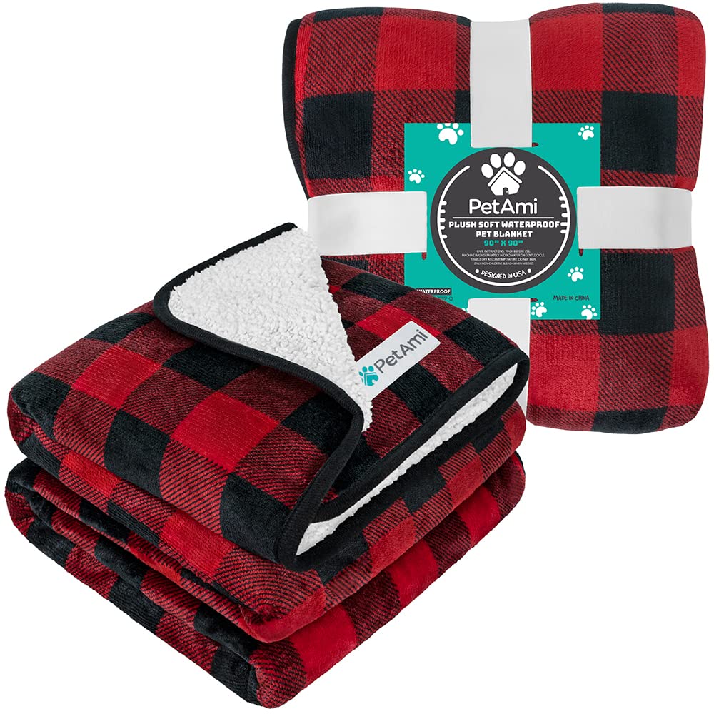Petami Waterproof Dog Blanket For Large Giant Dogs, Pee Proof Pet Blanket Sherpa Fleece Crate Cover, Reversible Cat Throw Bed Kennel Protector, Soft Plush Washable Pad (Queen 90X90, Checker Red)