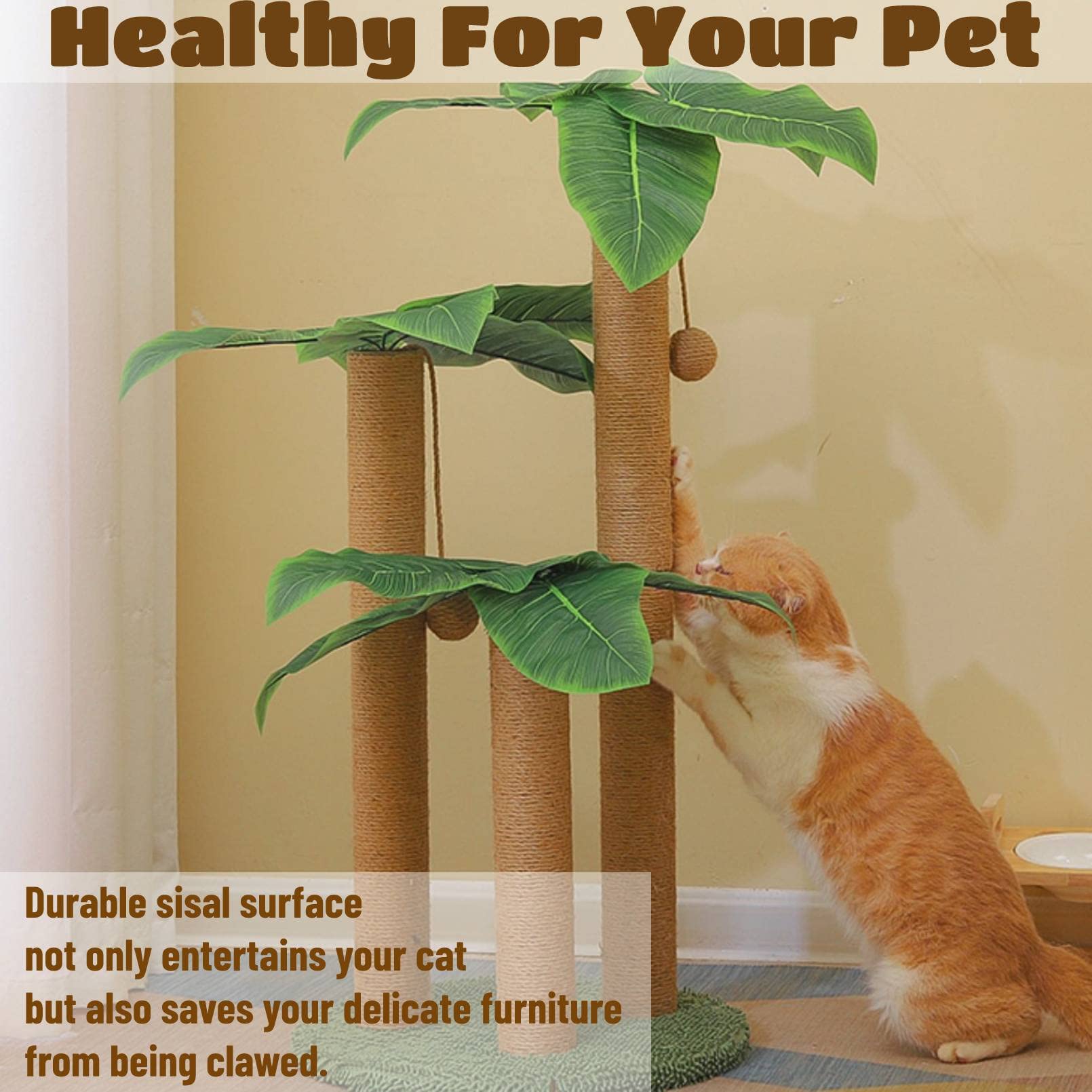 Fhiny 35.4'Tall Cat Scratching Post, Cat Scratcher With 3 Scratching Poles For Adult Kitten Scratching Tree Hanging Ball Toy Cute Canna Vertical Kitty Activity Center For Indoor Large Cat Kitty Rabbit