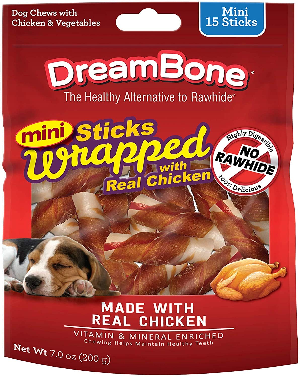 Dreambone Mini Sticks Wrapped With Real Chicken, Rawhide Free Dog Chew Sticks, 15 Count