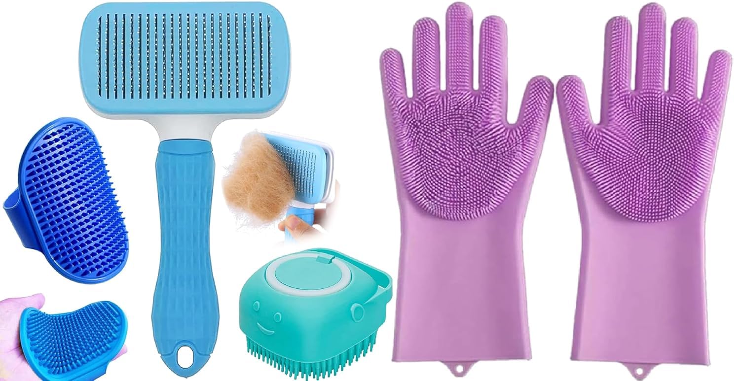 Kivo 4In1 Pet Grooming Kit For Dogs & Cats | Includes SelfCleaning Slicker Brush, Silicone Bath Gloves, Bath Scrubber & Cat C