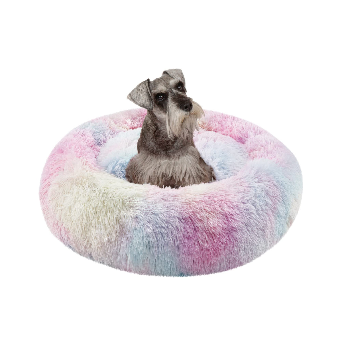 Friends Forever Donut Dog Bed Faux Fur Fluffy Calming Sofa For Medium Dogs, Soft & Plush Anti Anxiety Pet Couch For Dogs, Machine Washable Coco Pet Bed With Non-Slip Bottom, 30'X30'X7' Rainbow