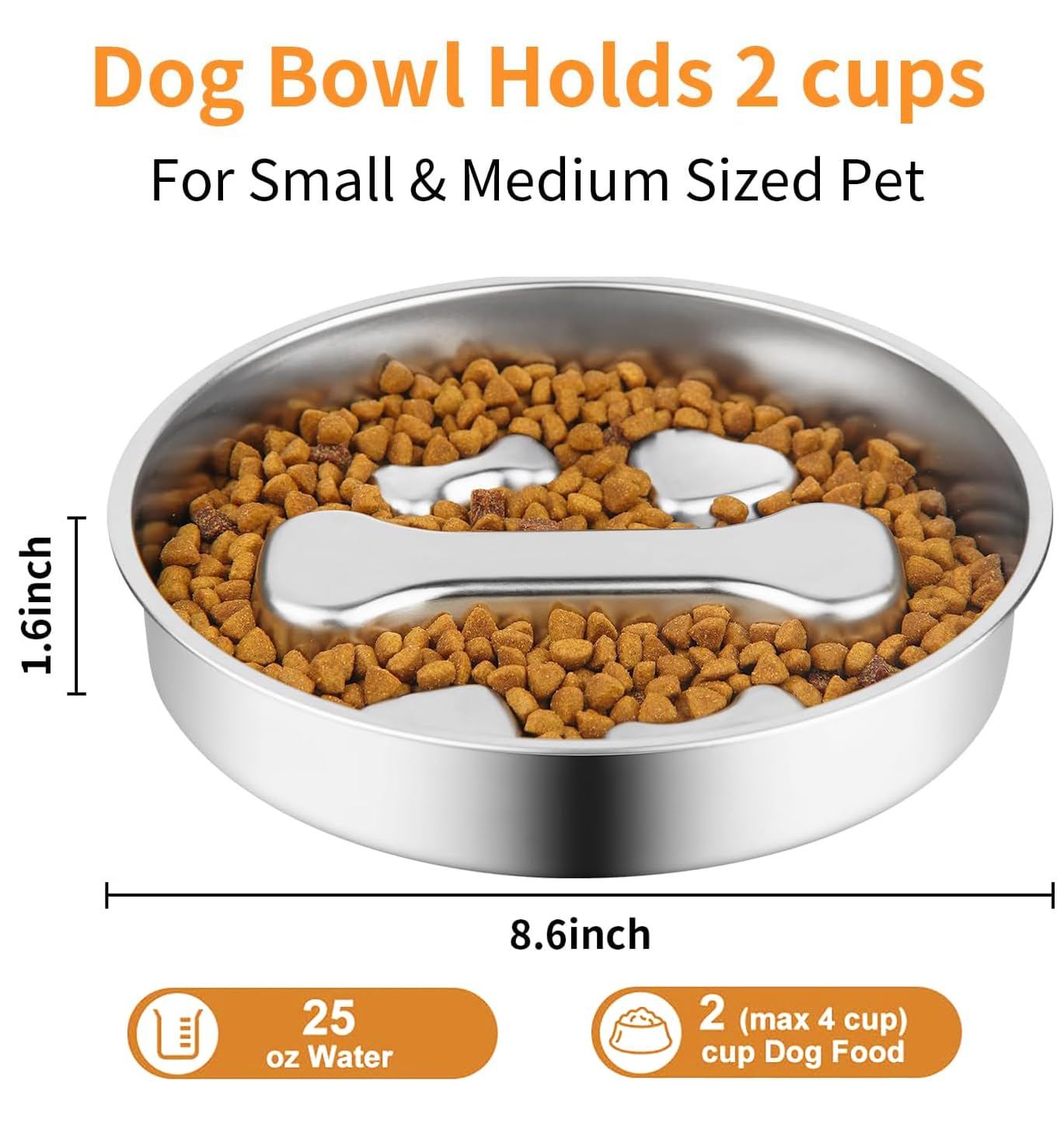 Stainless Steel Slow Feeder Dog Bowls,2 Pcs Slow Food Bowl for Dog & Cat - 2 Cups Capacity,Bone-Shaped Design Pet Food Holder,Me