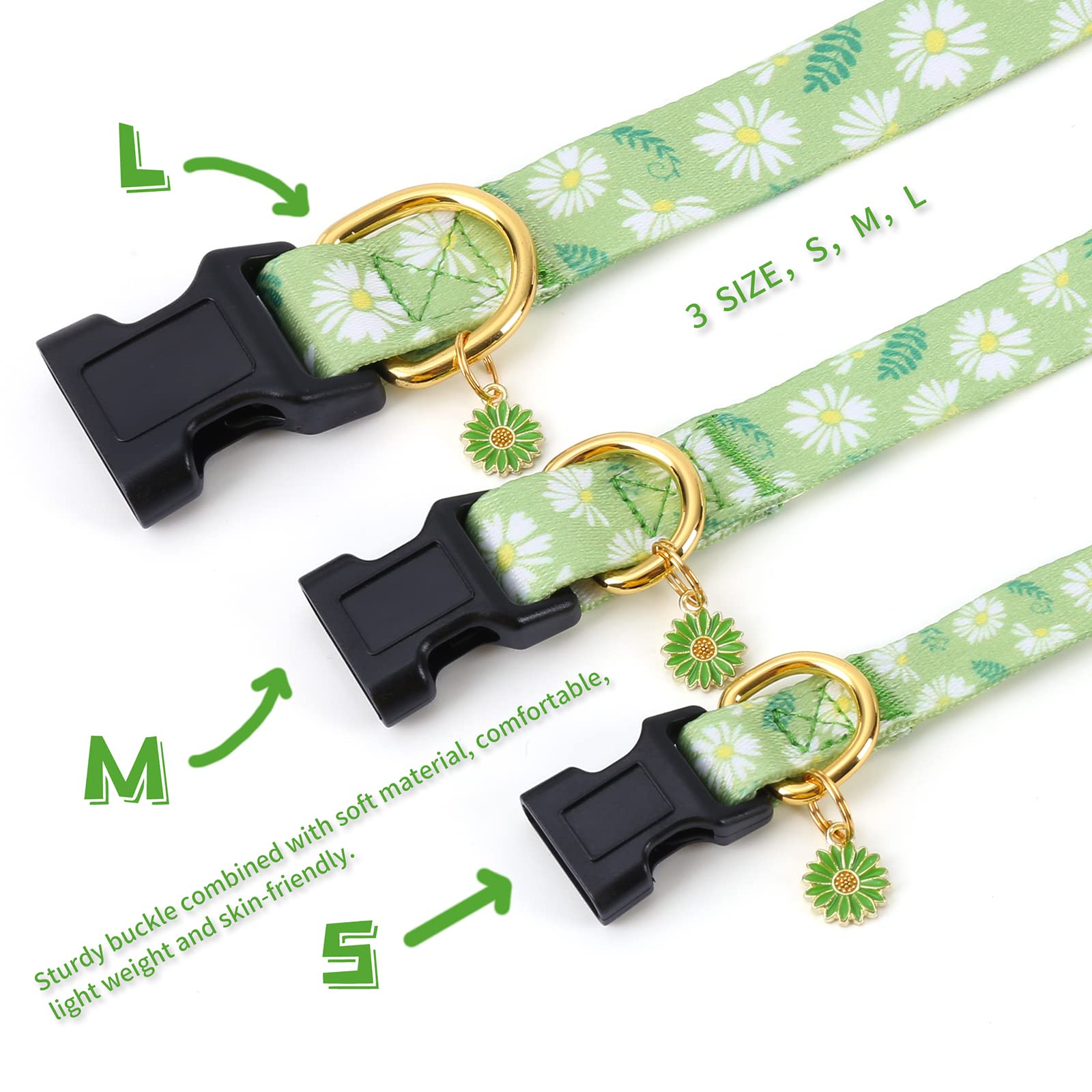 Cotton Handmade Dog Collar For Small Medium Large Dogs,Green Daisy With Pendant Cute Dog Collars,Ideal For Girl Dogs Boy Dogs (M