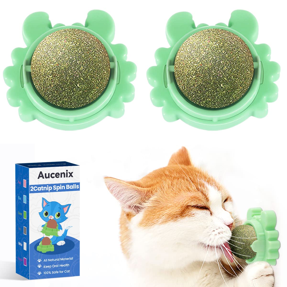 Aucenix Catnip Balls Toy For Cat, Wall Catnip Roller For Cat Licking, Teeth Cleaning Dental Edible Kitten Toy, Natural Rotating Crab Cat Toy (Green)