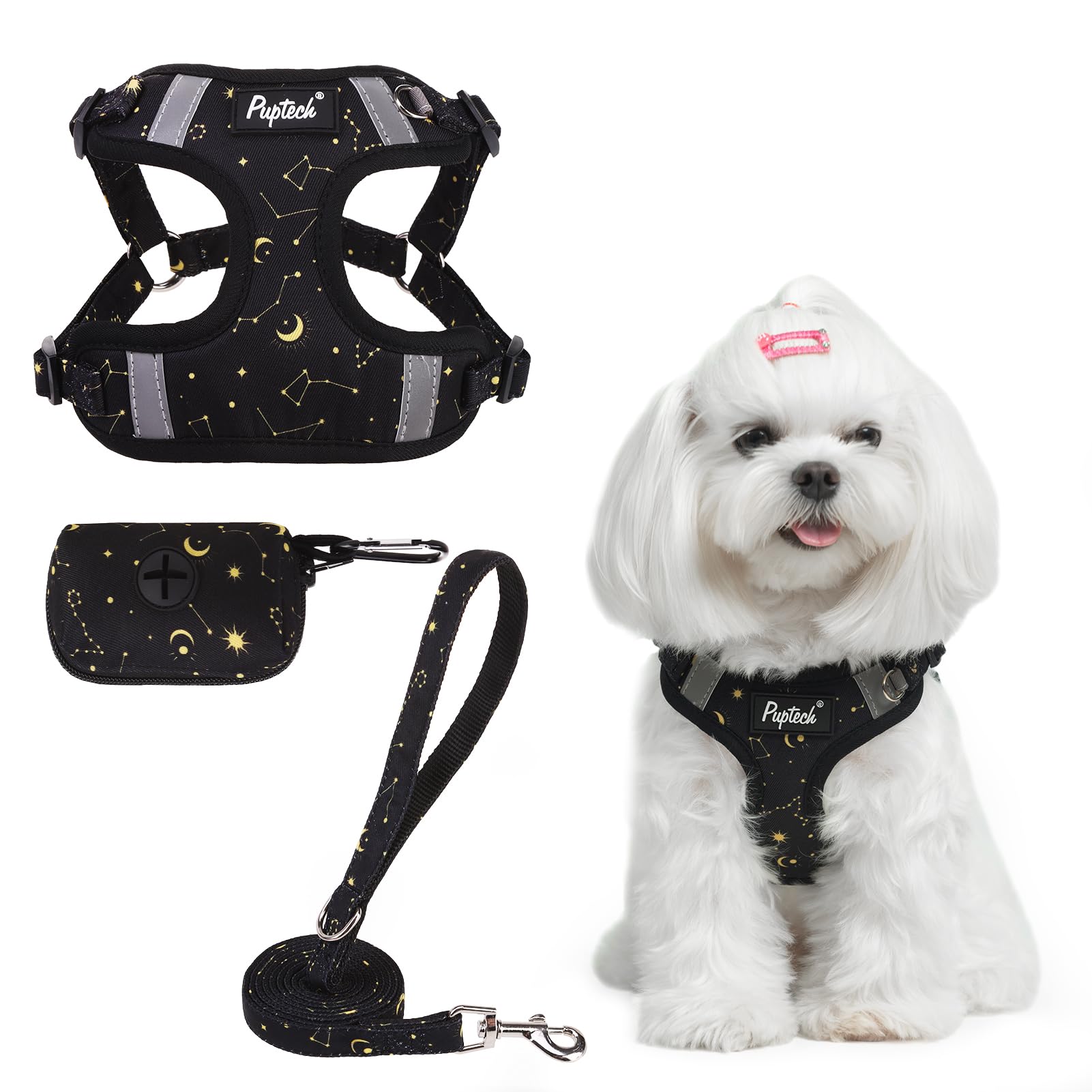 PUPTECK No Pull Dog Harness and Leash Set Reflective No Choke Step in Puppy Halter for XS Small and Medium Sized Dogs, Black, Pr