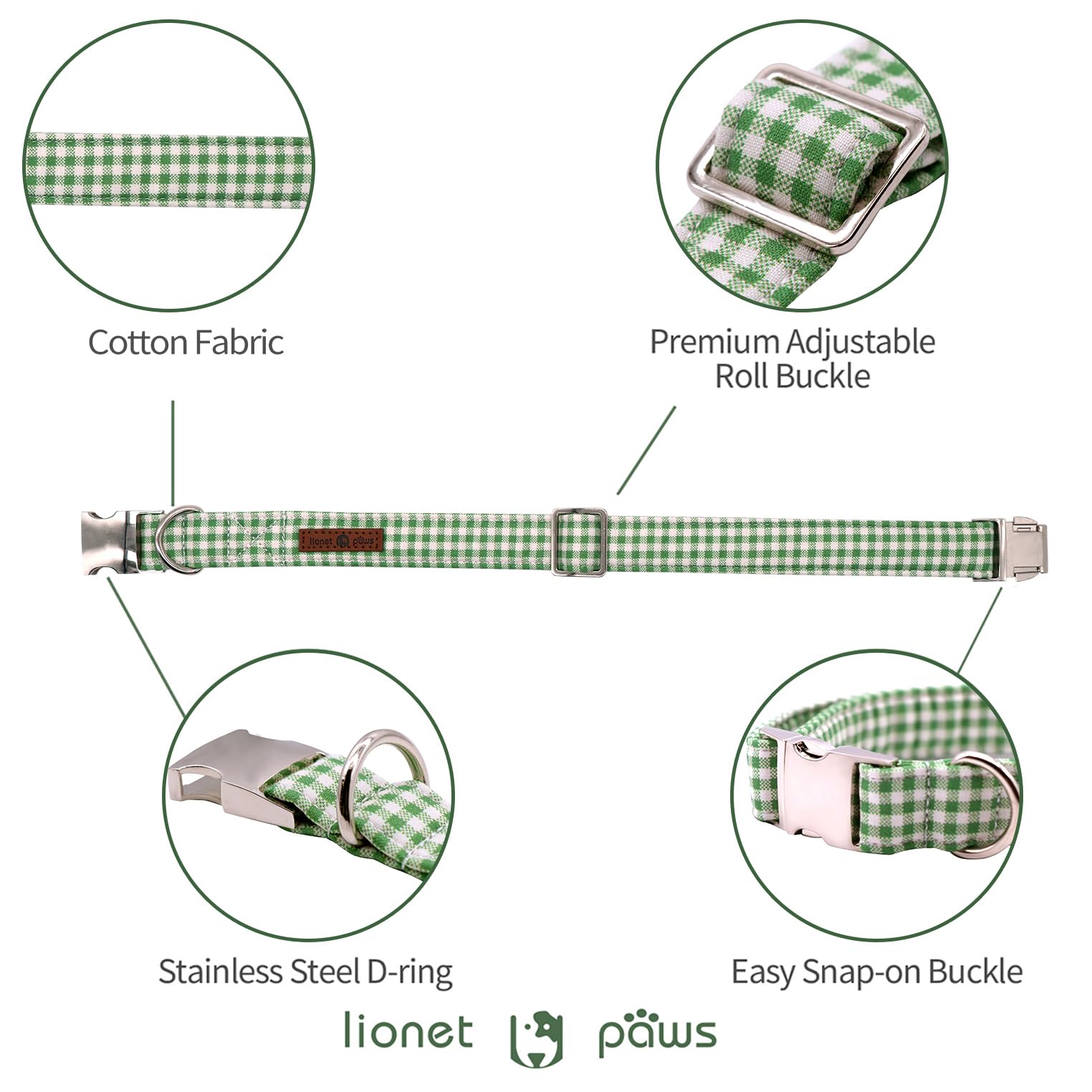 Lionet Paws Dog Collar, Comfortable Adjustable Cute Collar With Metal Buckle For Male Female Dogs, Green&White Grid Pattern, Med